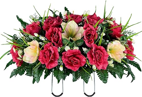 Sympathy Silks Flores de cementerio artificiales, realistas, decoraciones de tumbas para exteriores, colores que no se corren, ramo de rosas color