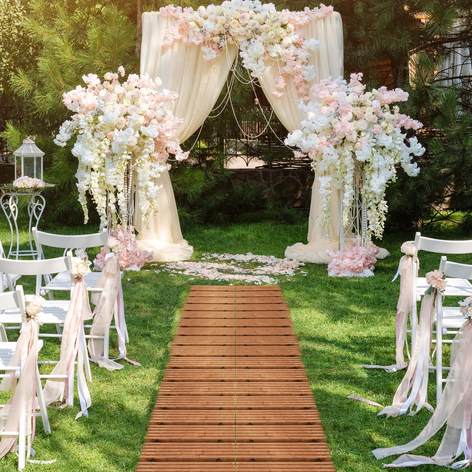 GIANTEX Camino de Madera 245 x 55 cm, Camino de Jardín Enrollable de Madera de Abeto y Alambre de Acero, Pasarela de Jarín para Boda, Playa, Césped