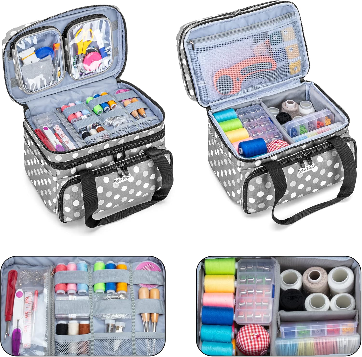 BAFASO Double Layer Sewing Accessories Organizer with 2 Detachable Pouches Bundle Multifunctional Tote Bag
