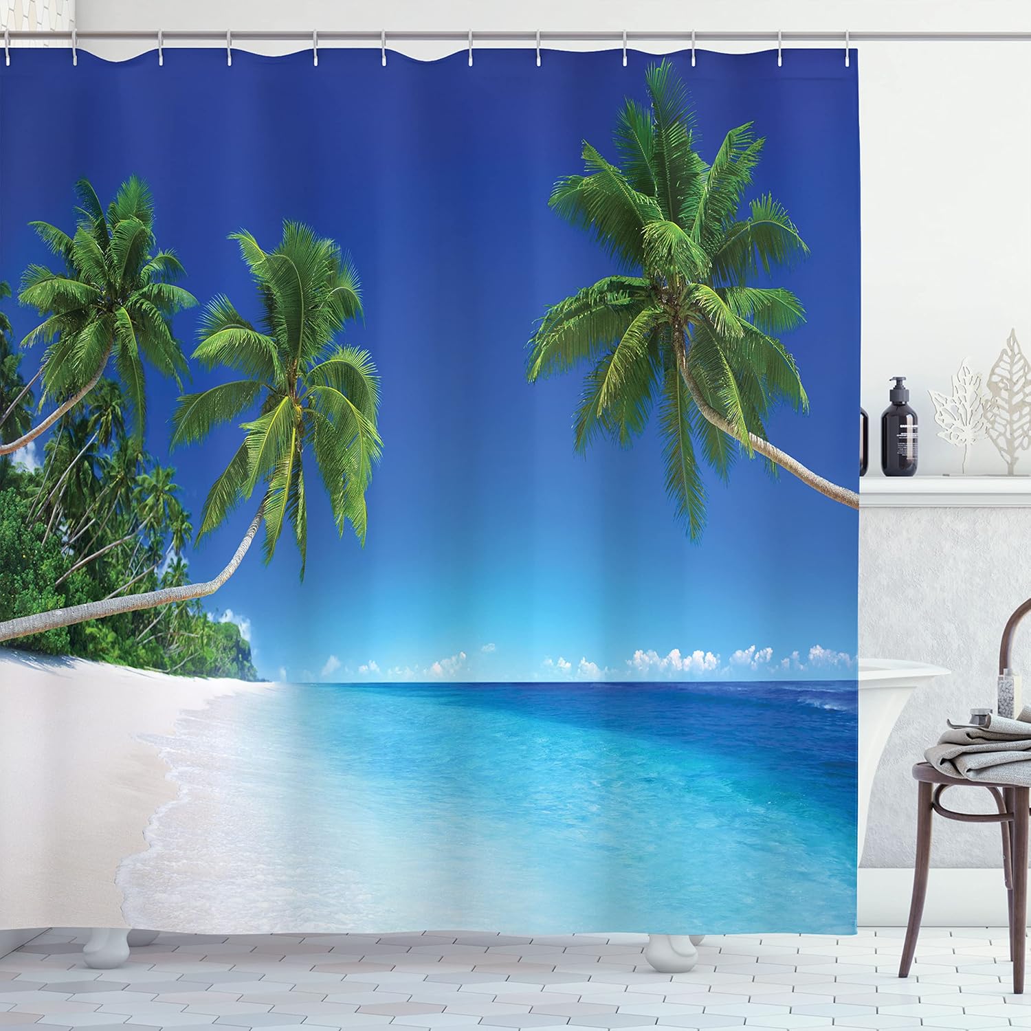 Ambesonne Tropical Shower Curtain, Remote Pacific Ocean Exoticism Landscape Tourism Sunlight Palm Branches, Cloth Fabric Bathroom Decor Set with Hooks, 69" W x 75" L, White Green
