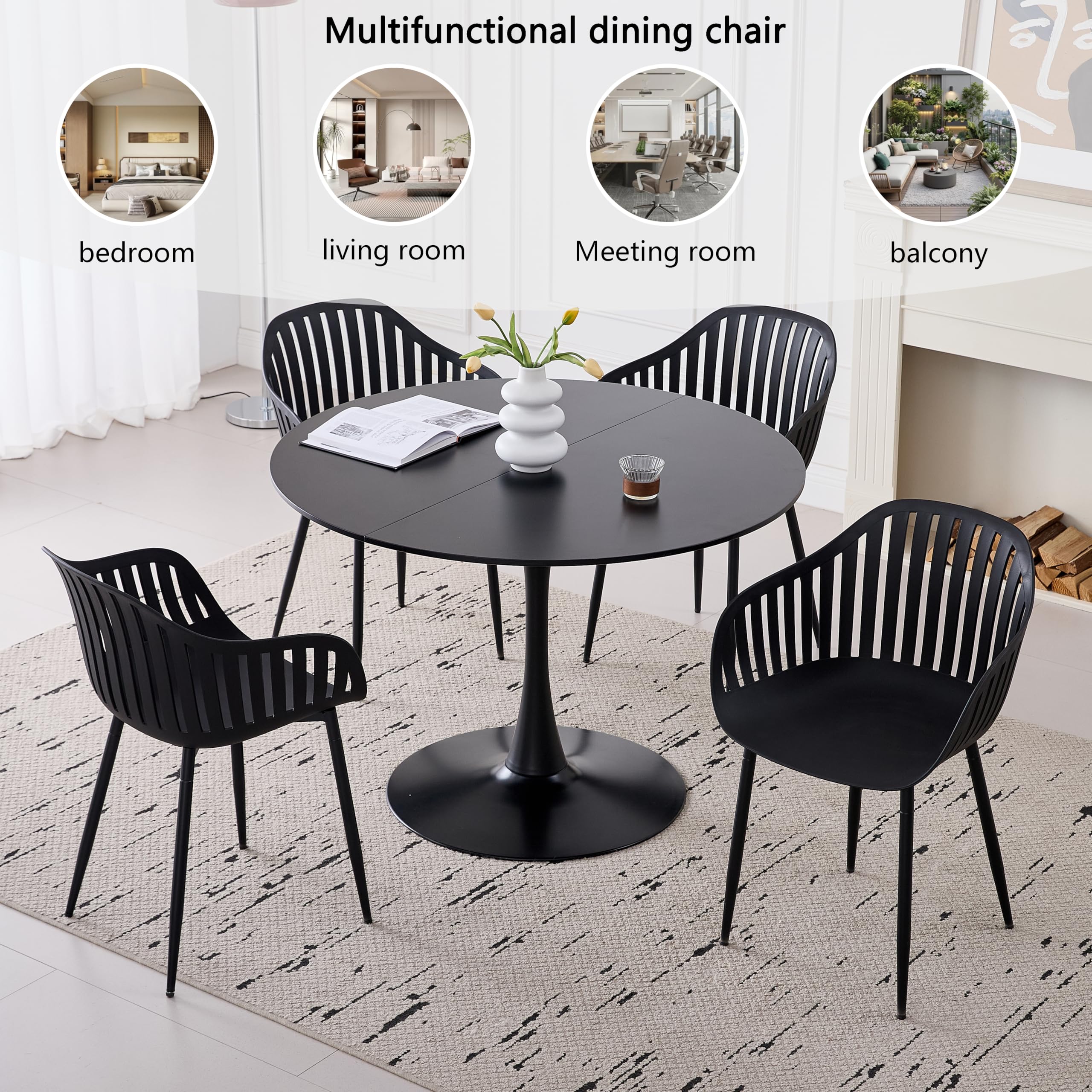 GrandCA HOME Set Tavolo e Sedie da Pranzo Moderno, Tavolo Rotondo da 110CM con 4 Sedie, Gambe in Metallo Nero, Adatto per Soggiorno, Balcone, Giardino (Nero)
