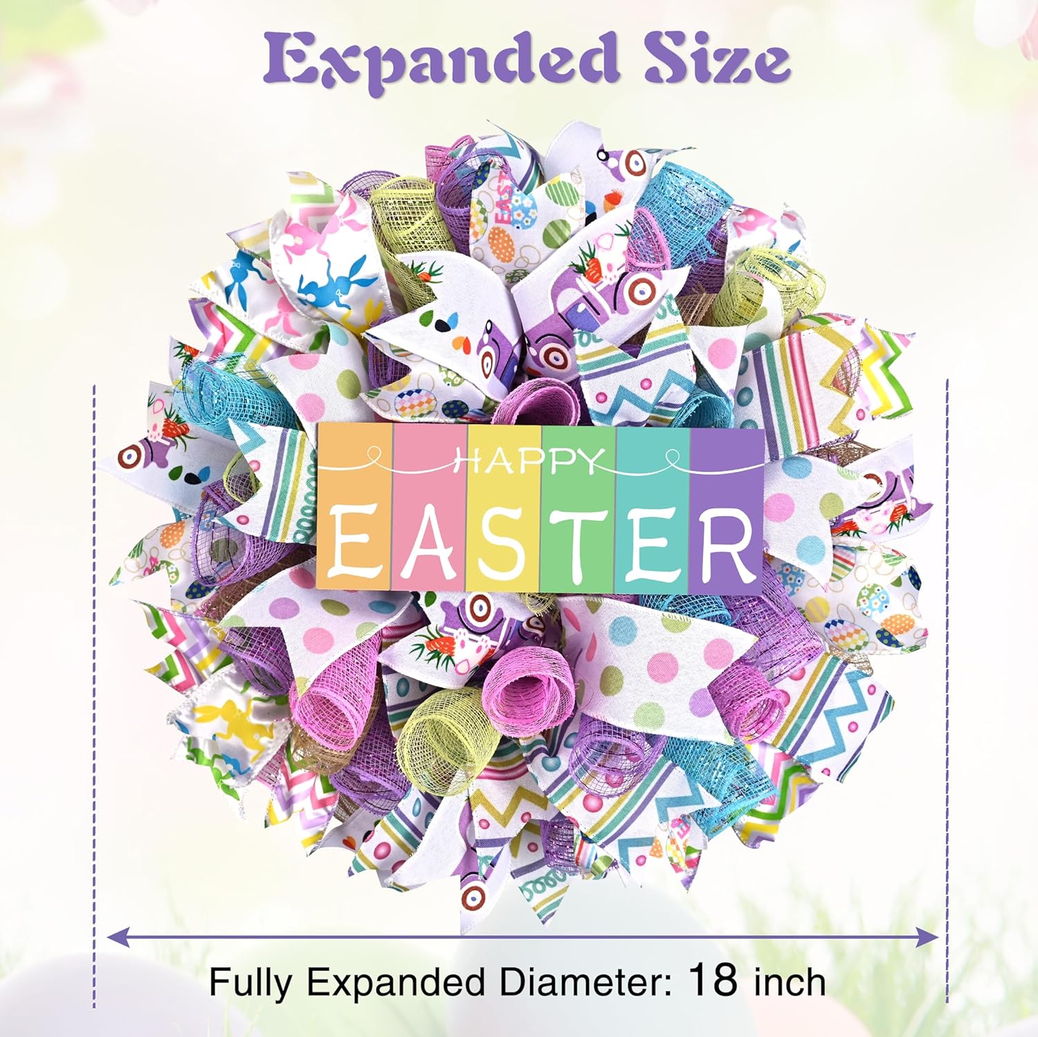 Waipfaru Easter Wreaths for Front Door, 18 Inch Handmade Mesh Bow Spring Wreaths with Wooden “Happy Easter” Sign, for Indoor Outdoor Home Farmhouse Table Mantel Window Wall Decor