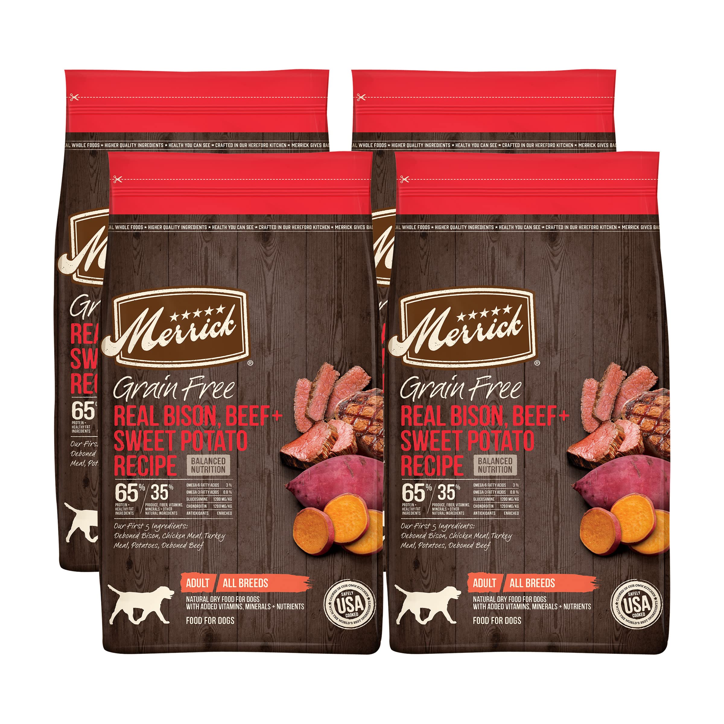 Merrick Grain Free Dry Dog Food, Real Bison, Beef & Sweet Potato Recipe, Natural Dog Food with Balanced Nutrition for Adult Dogs, 4 Pound Bag (Pack of 4)