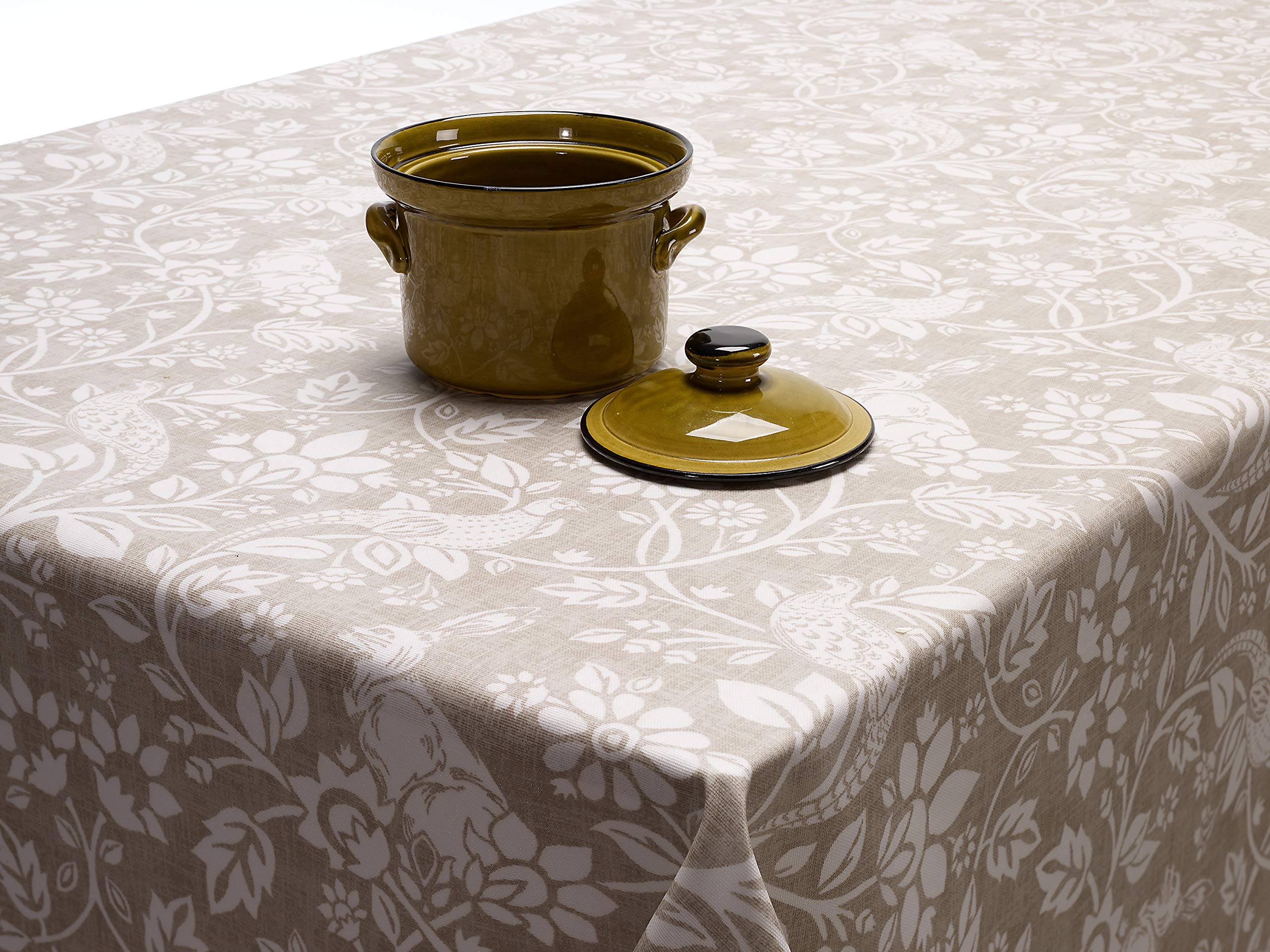 Wipe Clean Tablecloth PVC Oilcloth Cotton Backed - Taupe/Beige Pheasants and Hares Matt Finish Oilcloth Table cover- Rectangle, Square, Round - 132cm Wide (132cm x 230cm Rectangle)