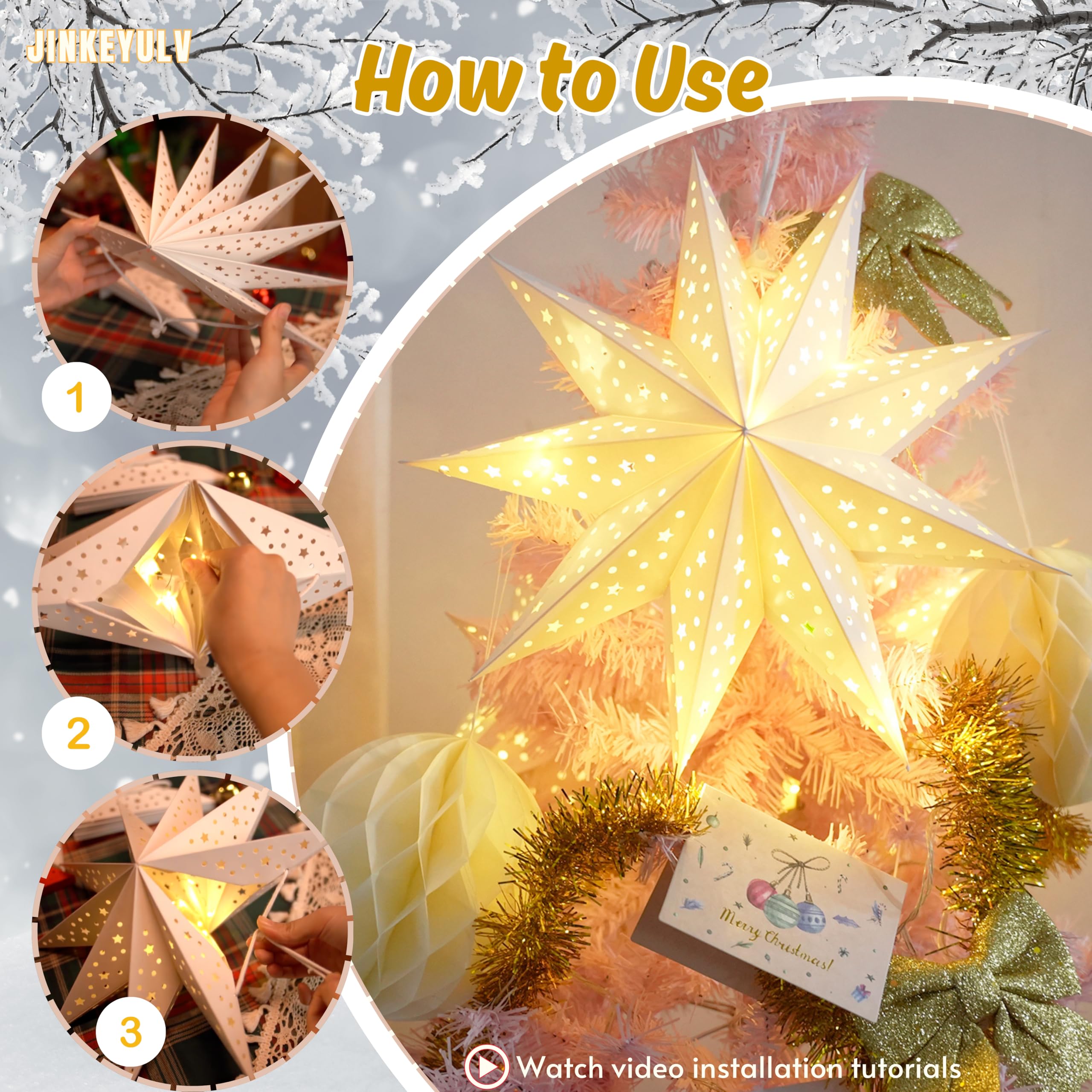 Farol de estrella de papel, 3 unidades, farol de estrellas de papel de Navidad de 13.7 pulgadas, 9 puntos, farol colgante de estrella de papel 3D, estrella colgante plegable para desmalezar,
