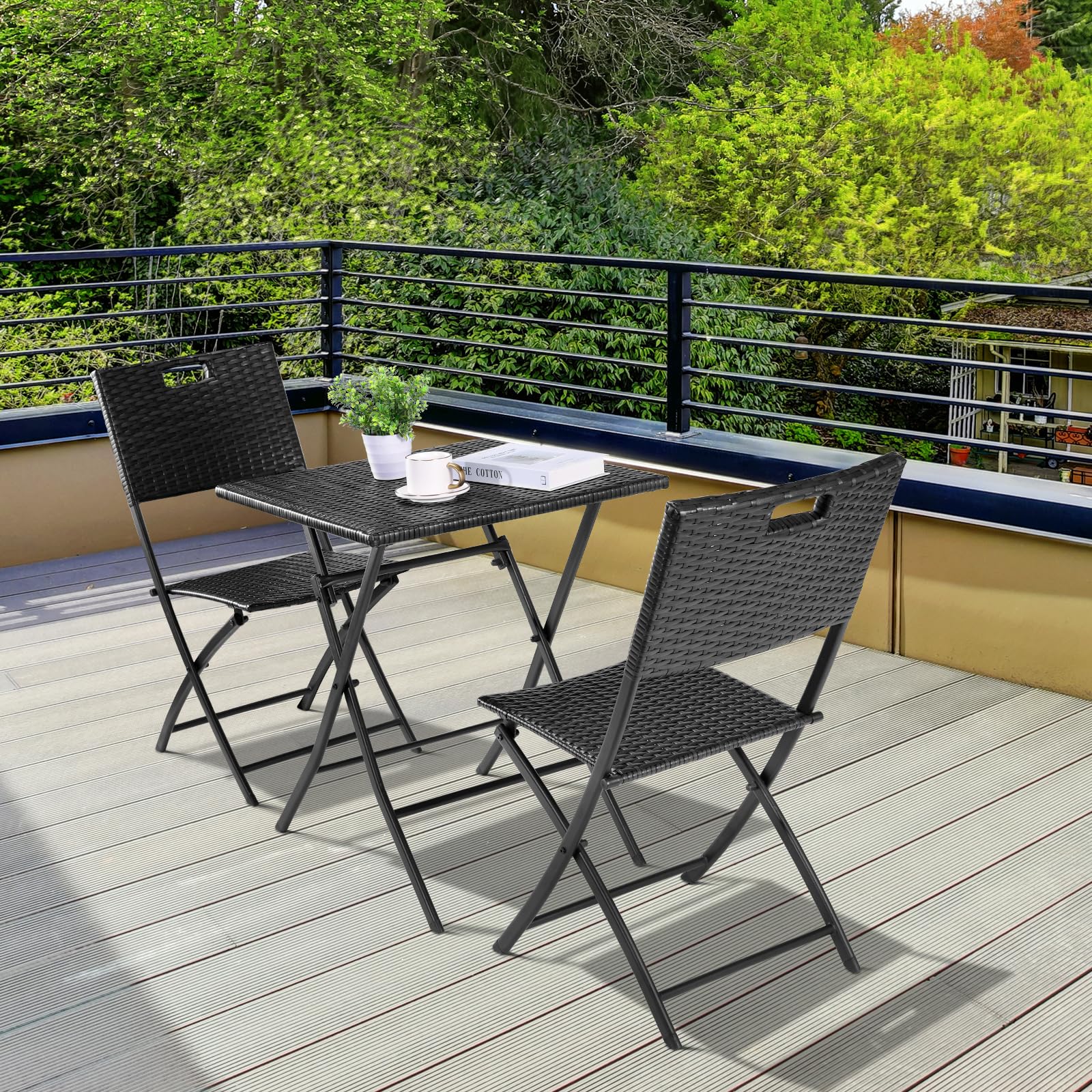 LIFERUN Set di Mobili da Balcone Pieghevole da 3 Pezzi, Mobili da Bistrot, Set Giardino in Rattan, 1 Tavolo e 2 Sedie, Sedia Pieghevole per Balcone, Giardino e Terrazza, Nero