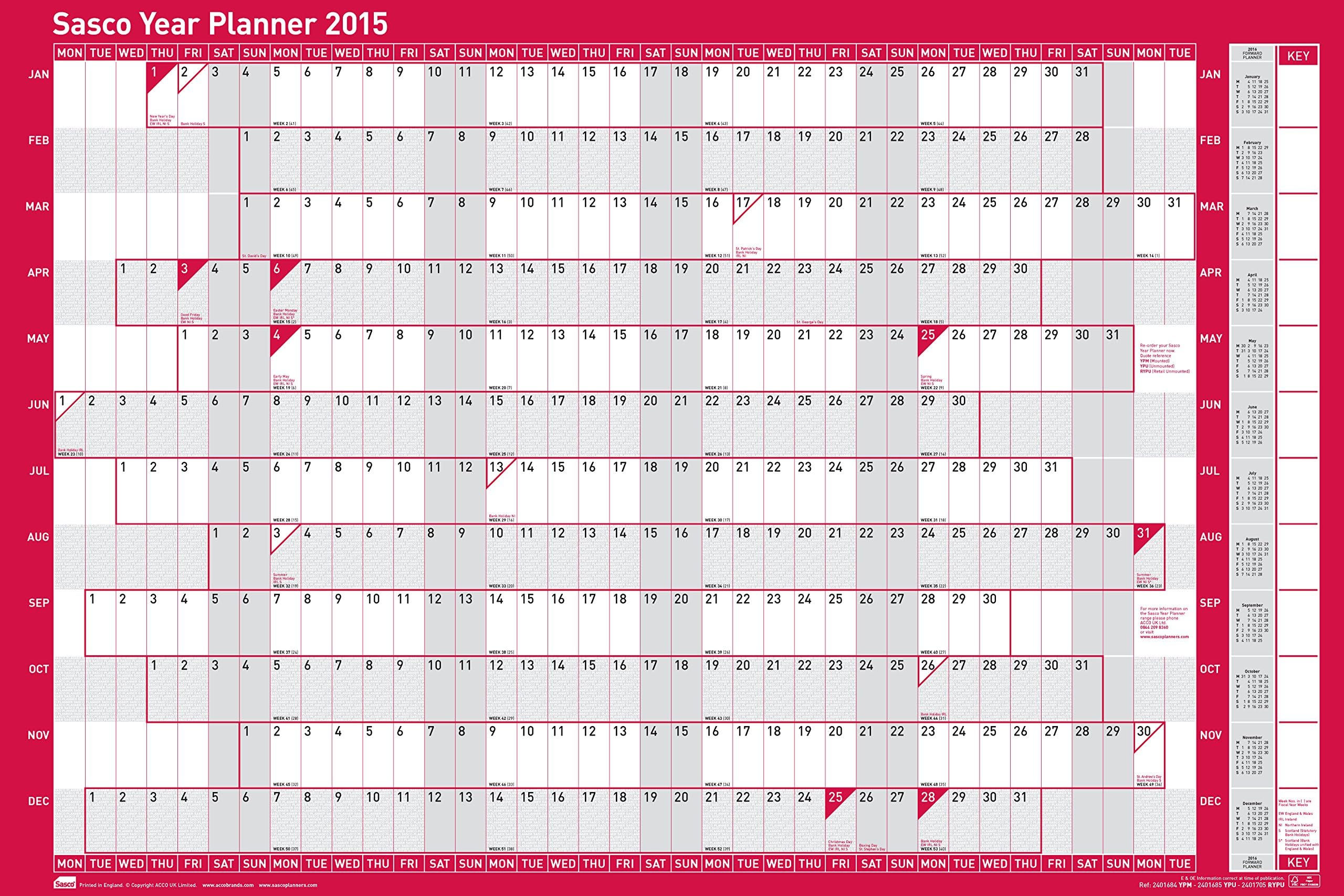 Sasco 2015 Year Planner Mounted Write-On Write-Off Surface Ref 2401684 Kit, 915 x 610 mm
