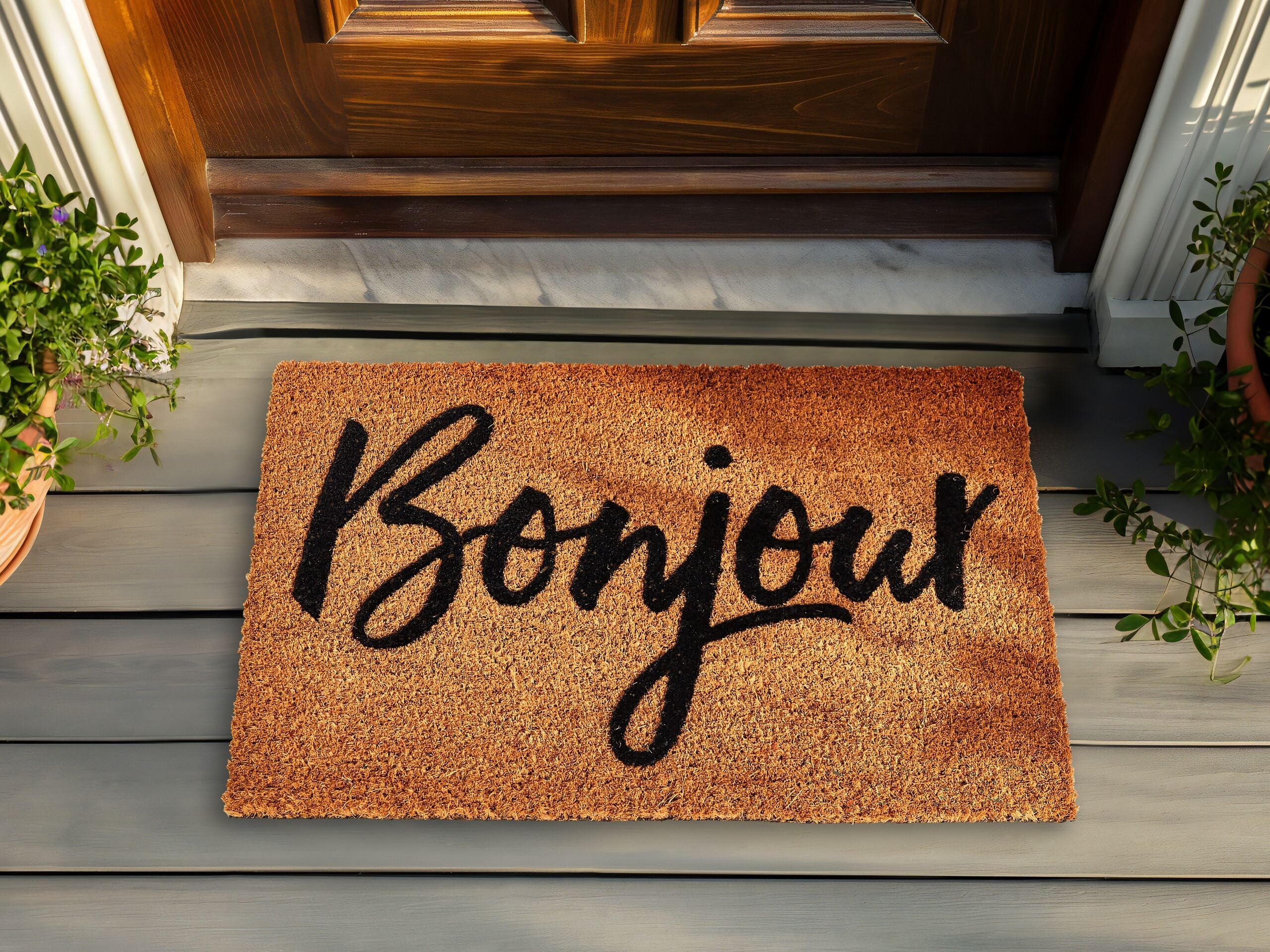 Beliani Moderne Fußmatte für den Innenbereich 40 x 60 cm Bonjour Text Motiv Kokosfaser Anti-Rutsch PVC-Rücken Natur Asir