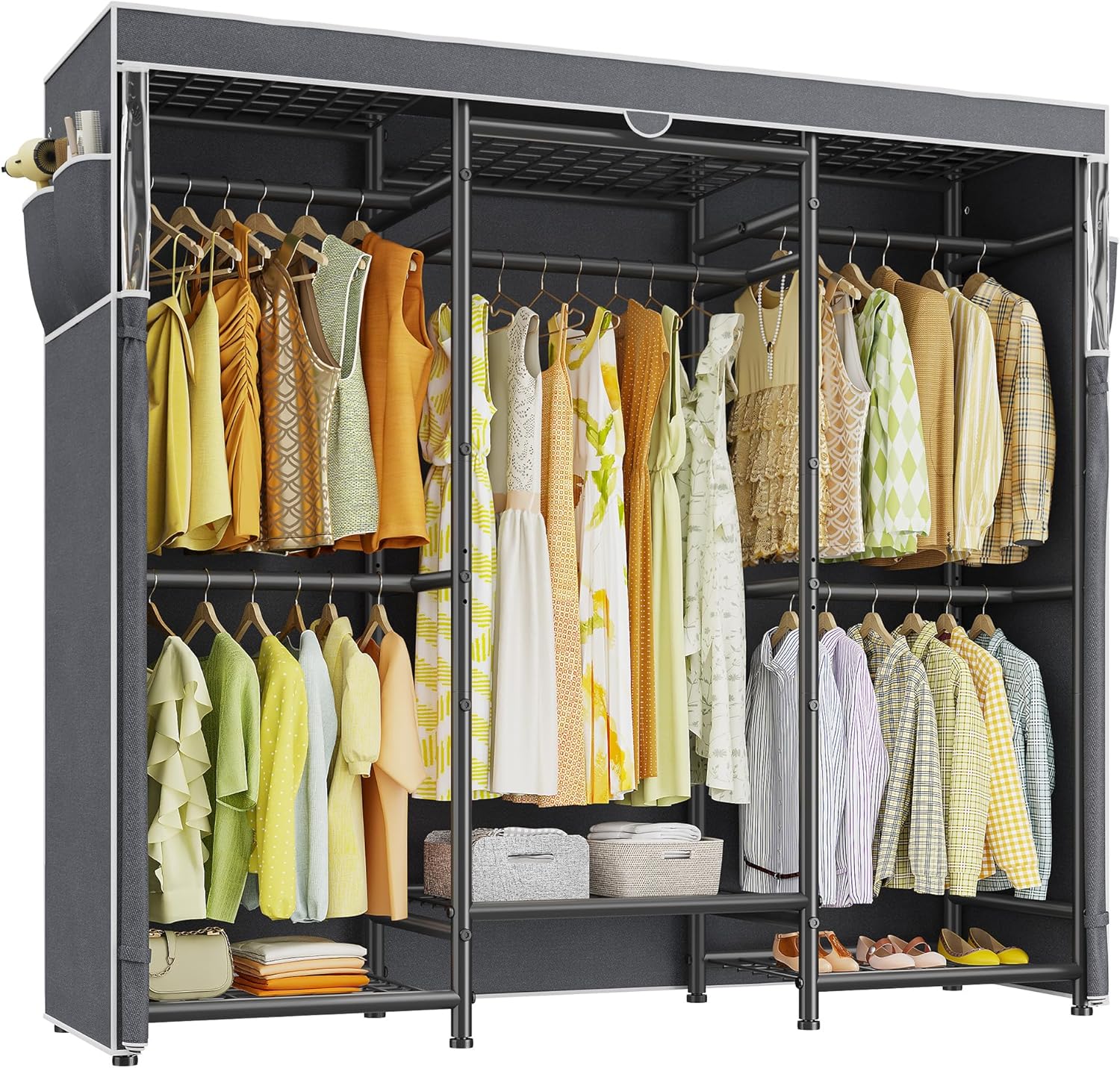 Raybee Clothes Rack with Cover,Portable Closet Heavy Duty,Metal Clothing Racks for Hanging Clothes Adjustable for Bedroom 66.5" Wx15.75 Dx74.8 H Black