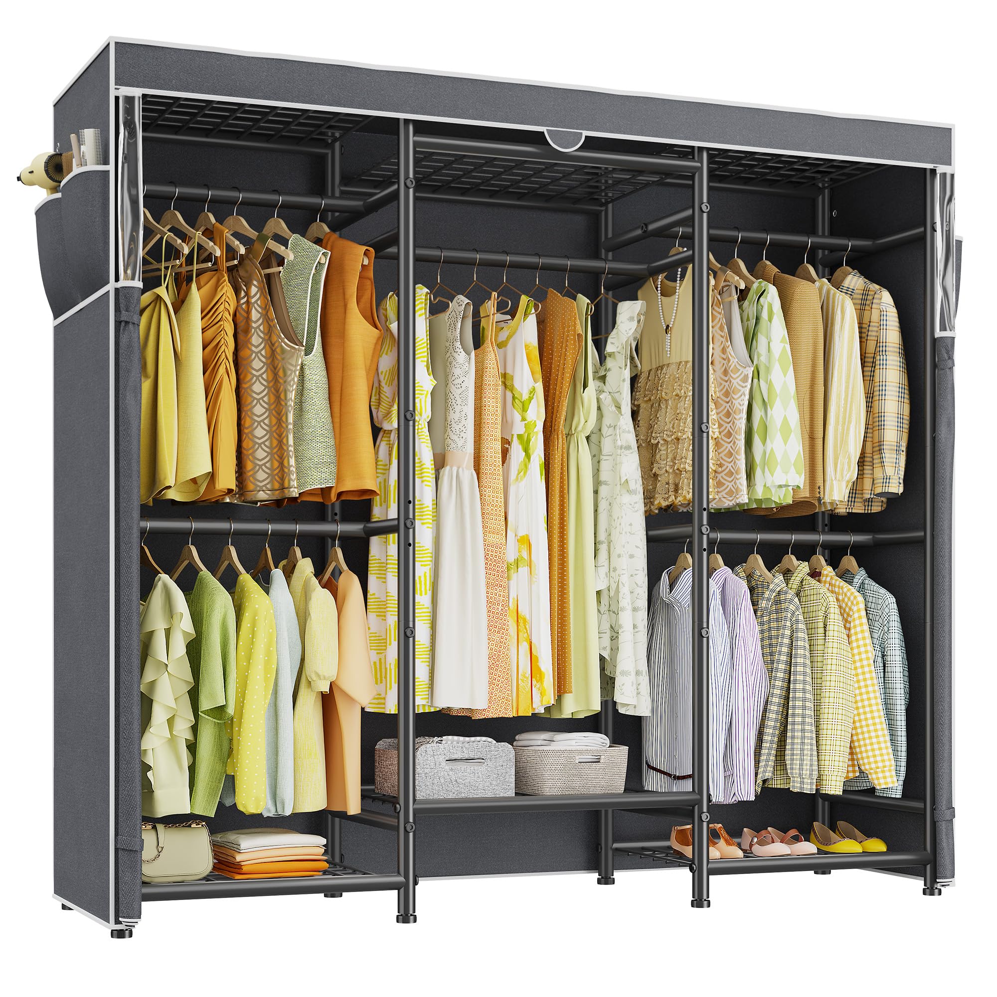 Raybee Clothes Rack with Cover,Portable Closet Heavy Duty,Metal Clothing Racks for Hanging Clothes Adjustable for Bedroom 66.5" Wx15.75 Dx74.8 H Black
