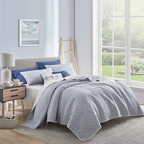 Miniatura 3 de SHALALA - Juego de edredón tamaño King, juego de ropa de cama de rayas azules y blancas, colcha de microfibra suave con 2 almohadas decorativas para