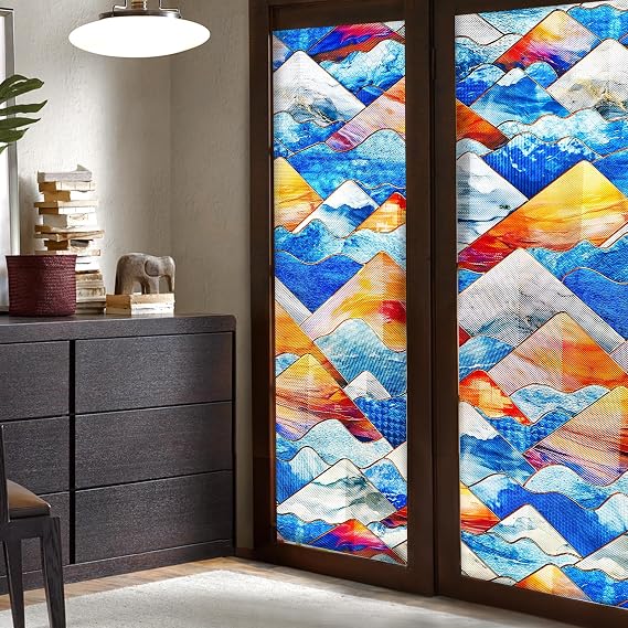 Beautsaid Window Privacy Film Stained Glass(Mountains,16.9 x 39.4 inch)