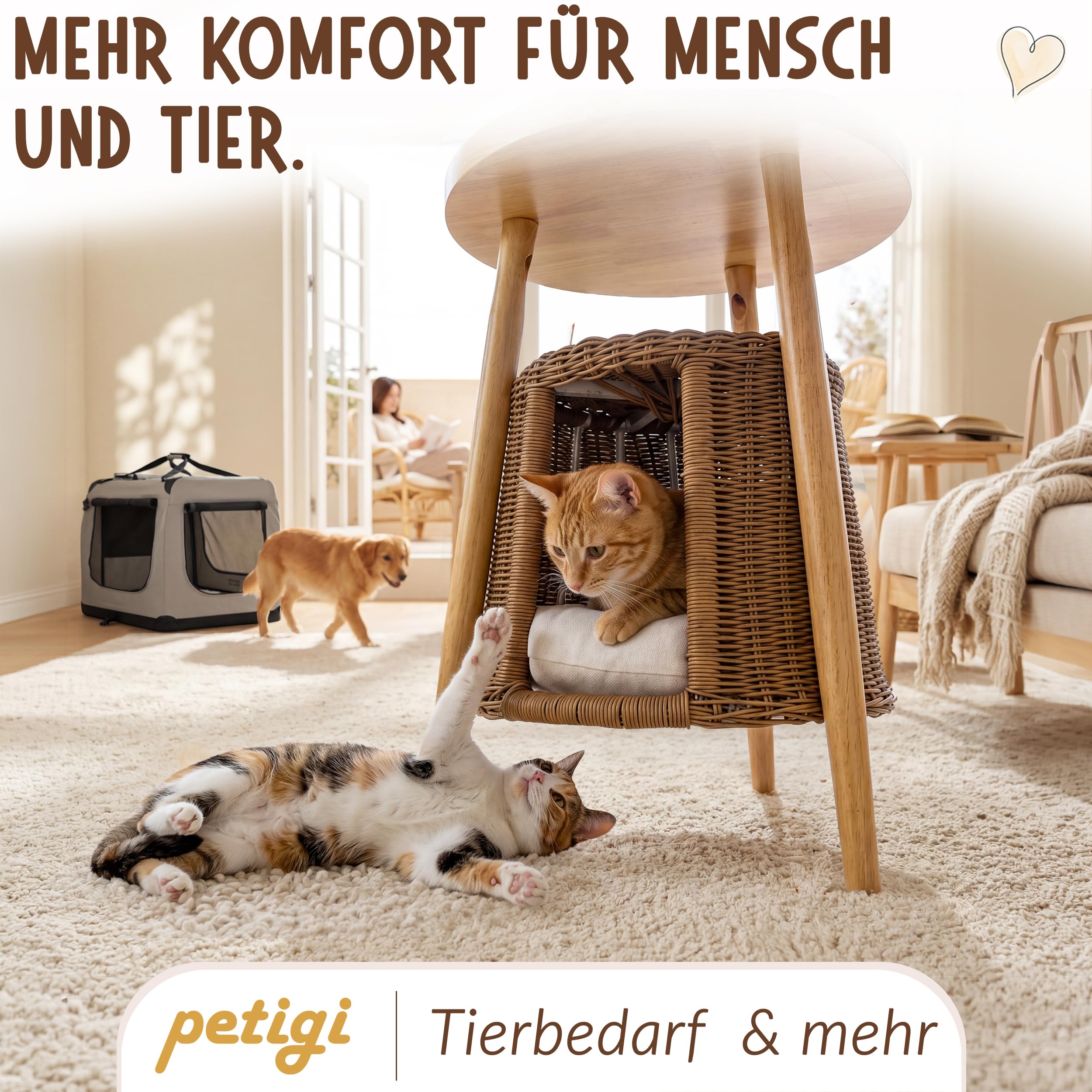 Petigi Katzentisch Beistelltisch Rattan Katzenhöhle Katzenbett Couchtisch | aus Holz und Rattan, Natur, 47 x 44 x 62 cm, waschbares Kissen, kippelt nicht, Massivholz