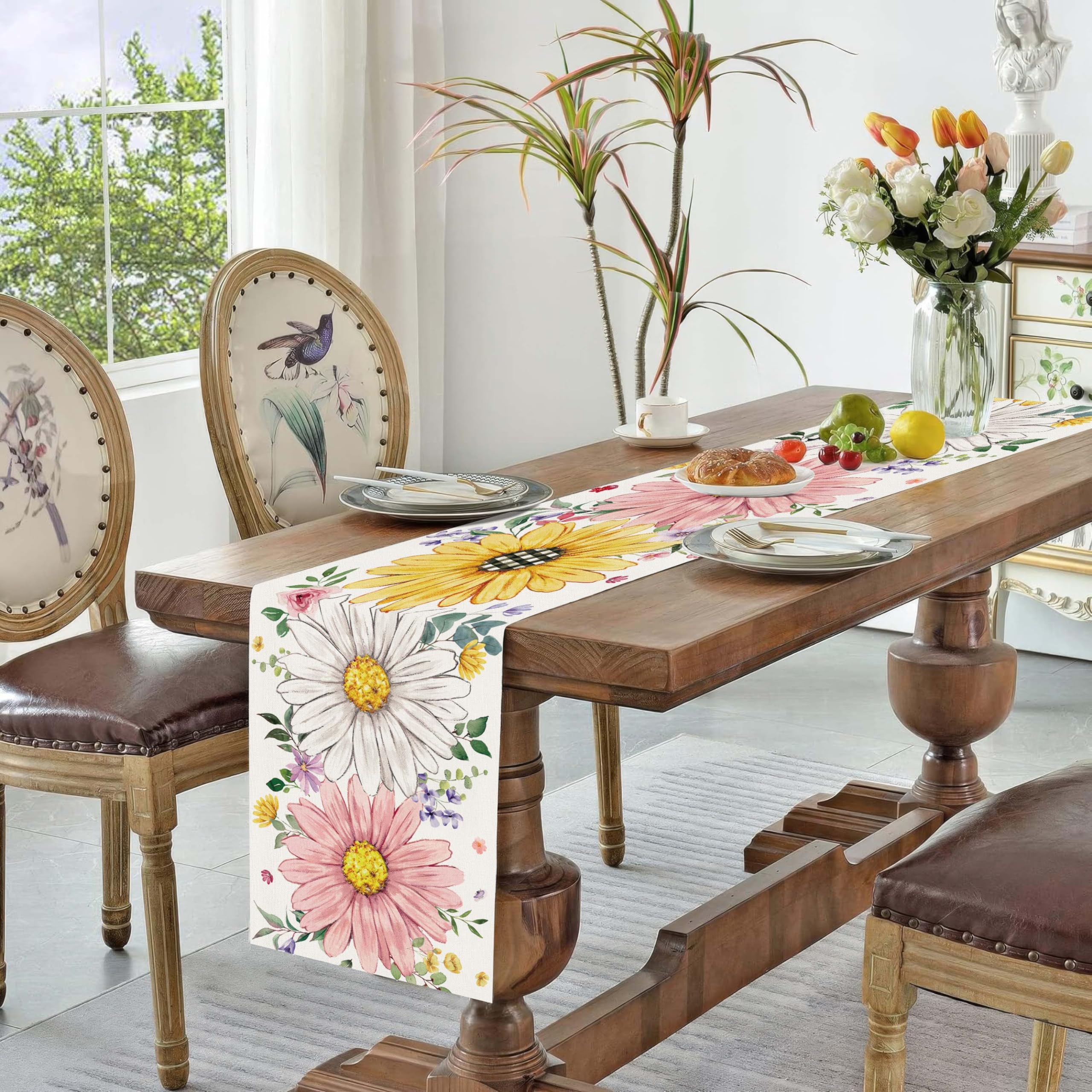 Baccessor Camino de mesa de flores de margaritas de primavera y verano, acuarela, girasoles, mesa de cocina, comedor, boda, aniversario, fiesta, vacaciones, decoración del hogar, 13 x 48 pulgadas