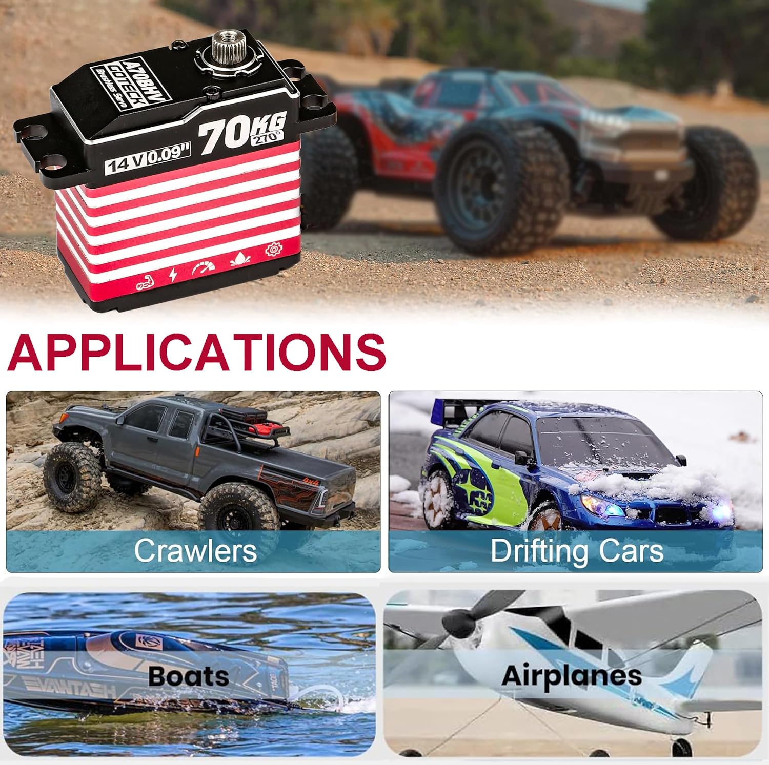 GOTECK 70KG Brushless Digital Servo,High Voltage 14V Full Metal Gear Waterproof Steering Servo with 25T Servo Horn for 1/8 1/10 Scale RC Cars,RC Crawler,Trucks,Boat,Robot Parts (A70BHV-270°)