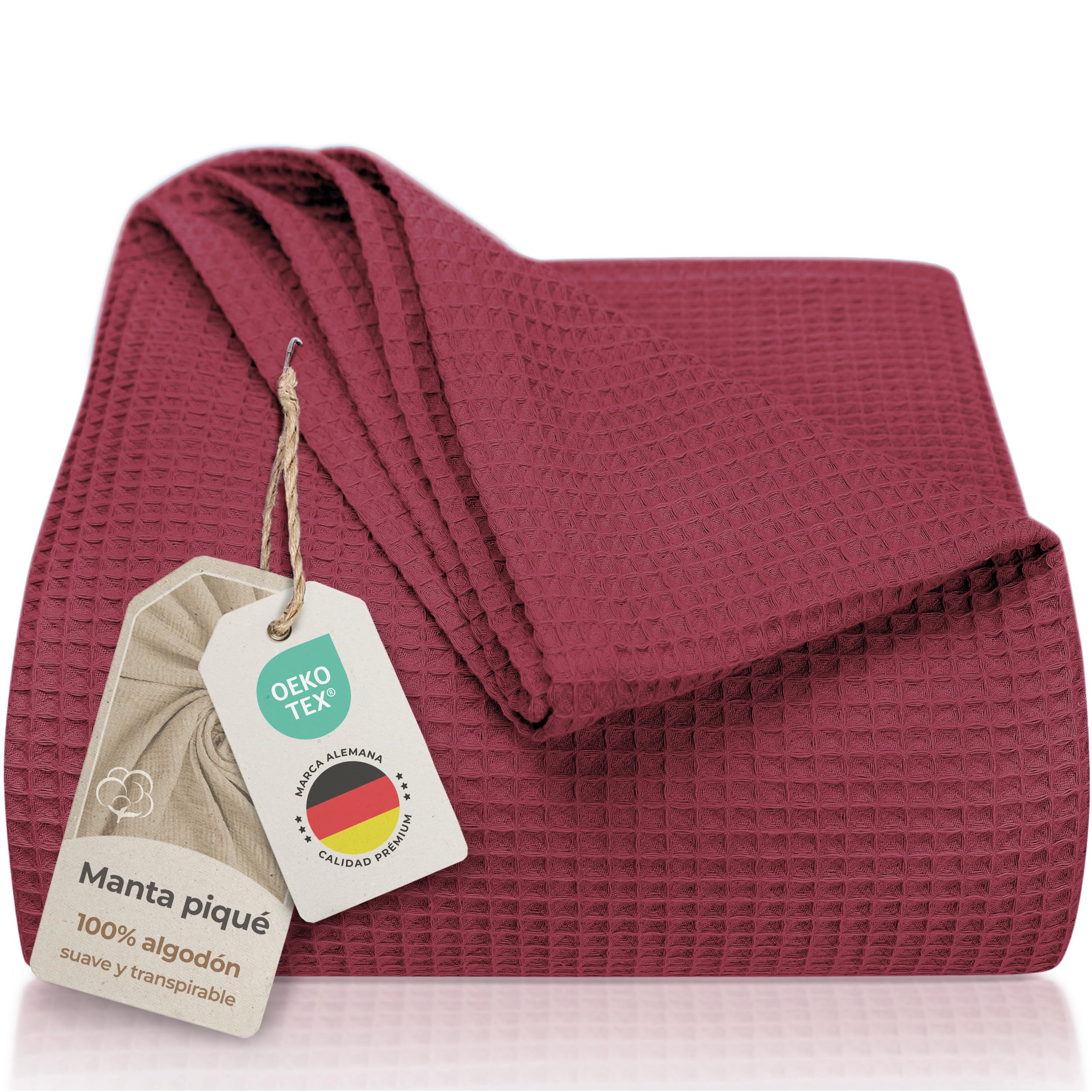 LAYNENBURG Manta para Sofá 150 x 200 cm - Waffle Pique 100% Algodón - colcha Ligera de Verano - para Cama aireada (Burdeos) OEKO-TEX STANDARD 100