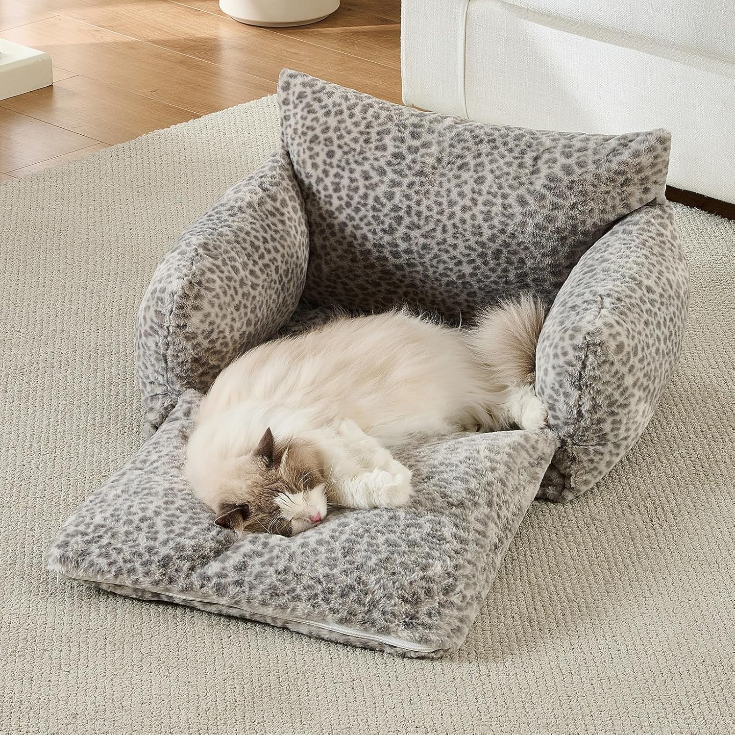 Hollypet Cat Bed Fluffy Plush Mutifuctional Double-Layer Soft Pet Couch Orthopedic Sofa Nest Beds for Small Cats and Dogs, Snow Leopard (25x20x13 inch)
