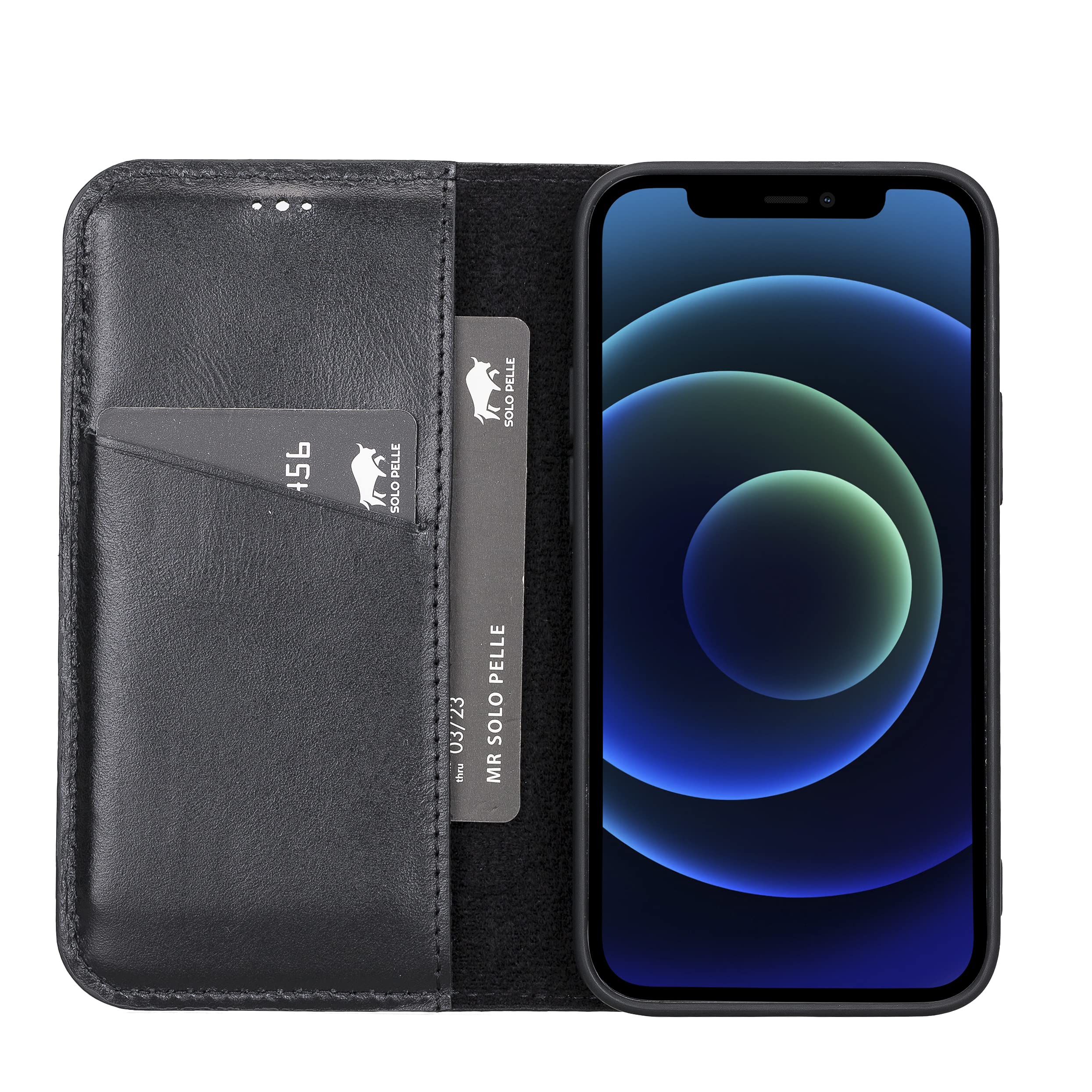 Solo Pelle Custodia in pelle compatibile con iPhone 13 Mini da 5,4 pollici (2 in 1) con scomparti per carte di credito per Apple iPhone 13 Mini (nero