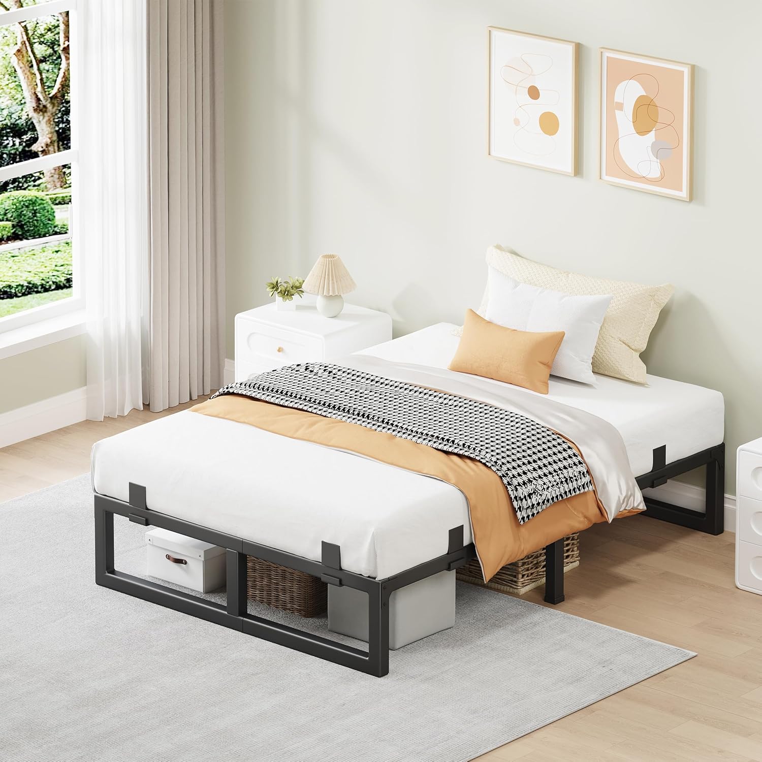 Twin Bed Frames, 10 Inch Metal Platform Bed Frame with Squeak Free U-Slot Design, 6 Non-Slip Guards, 3500lbs Heavy Duty Steel Slat Support, No Box Spring Needed, Under Bed Storage, Black