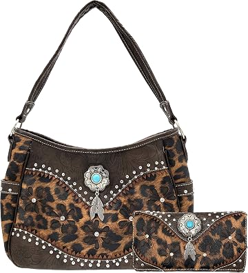 Leopard Animal Print Concealed Carry Feather Concho Country Vintage Western Handbag Hobo Purse Wallet Set