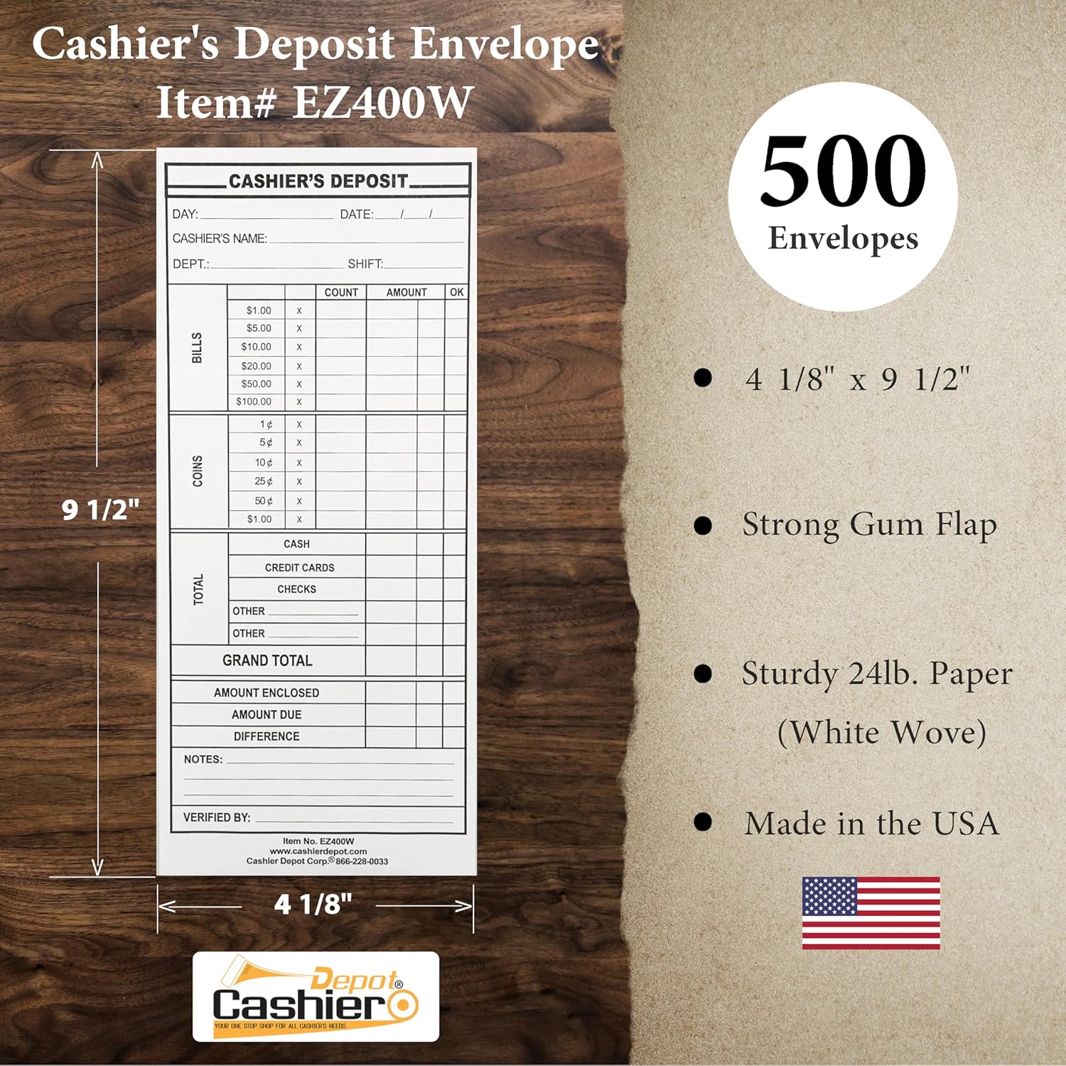 500 Cashier Depot - Cashier's Report Envelopes EZ400W, 4 1/8 x 9 1/2 Inch, White 24lb Paper, Gum Flap Closure, Cash Drop for Business Deposits, 500 Count