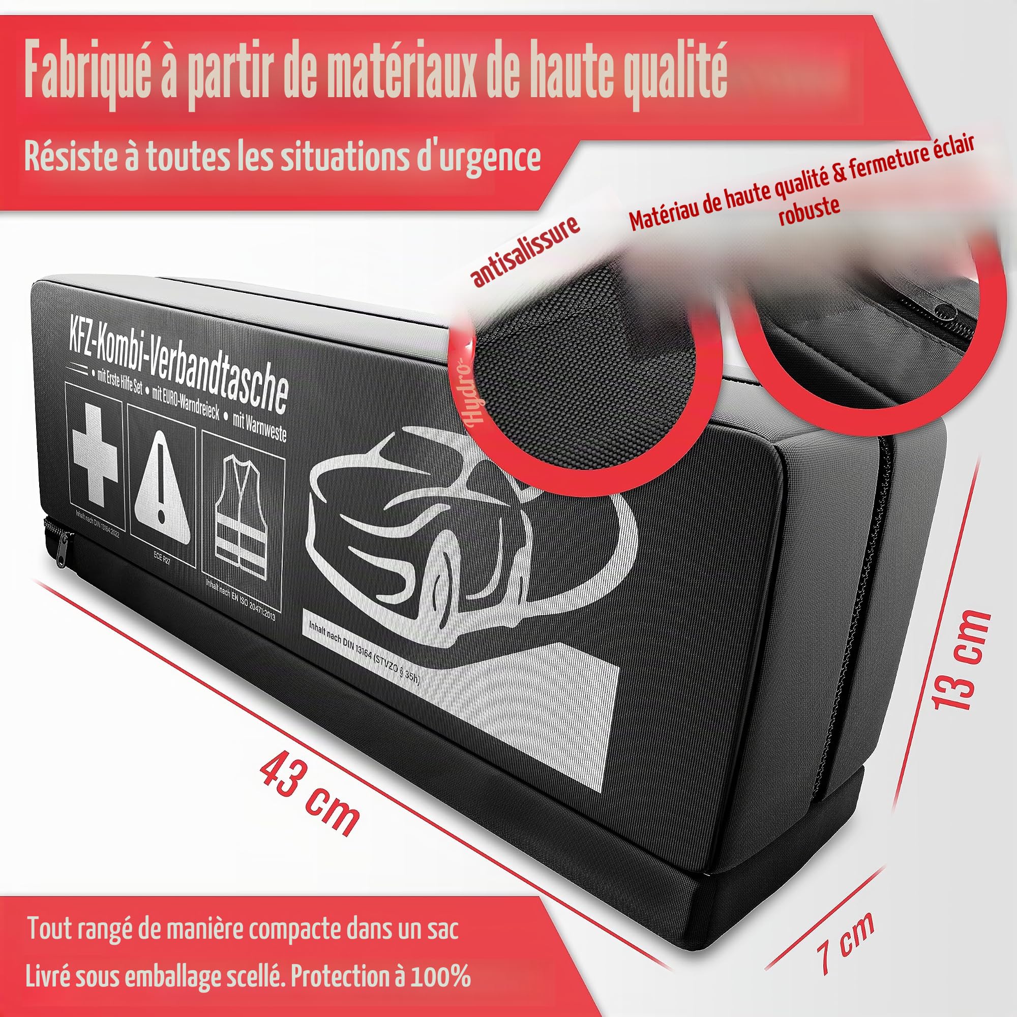 HELDENWERK Kit de premiers secours 3 en 1 pour voiture 2026 utilisable et testé dans toute l'Europe (conforme à la StVO) I Sac combiné de voiture avec gilet de sécurité, triangle de signalisation et