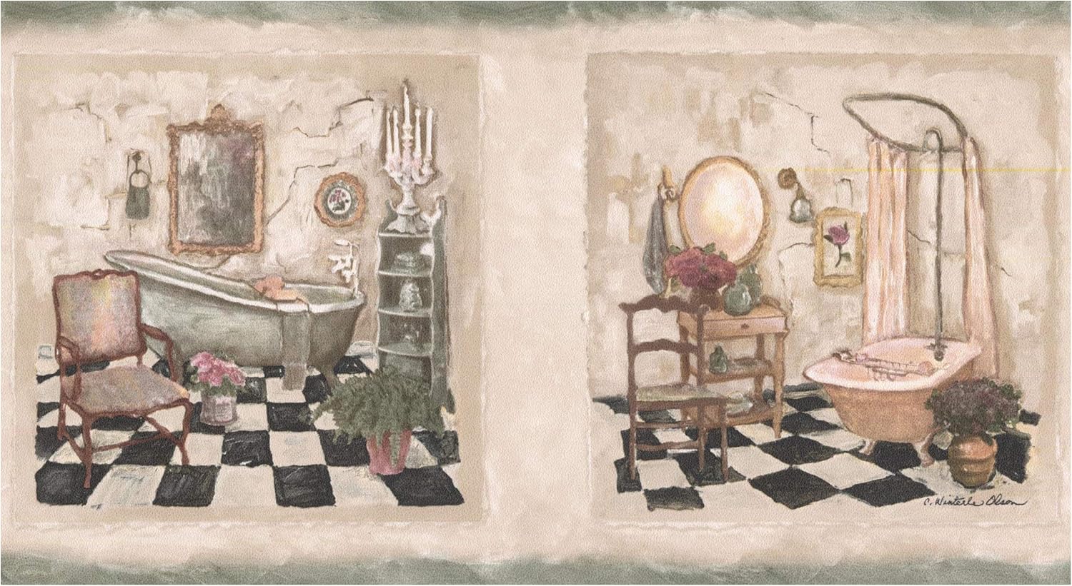 Wall Border Vintage Bathrooms in Squares Faux Distressed Wallpaper Border Retro Design