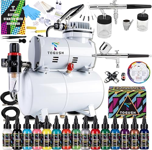 Kit de aerógrafo con compresor de aire, pintura de Airbush de 15 colores, aerógrafo de gravedad y aerógrafo de sifón, compresor de aire silencioso