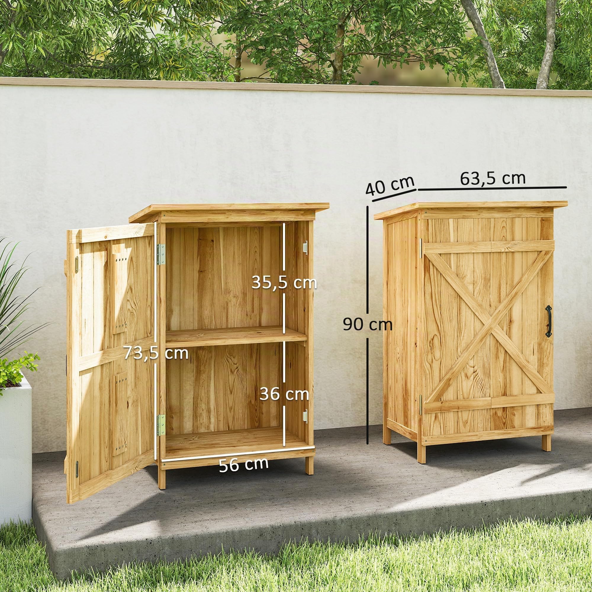 Outsunny Caseta de Jardín de Madera con 2 Estantes 63,5x40x90 cm Natural | Cobertizo Jardín Exterior, Armario para Almacenaje de Herramientas, Puerta Tipo Granero, Techo Acero Galvanizado