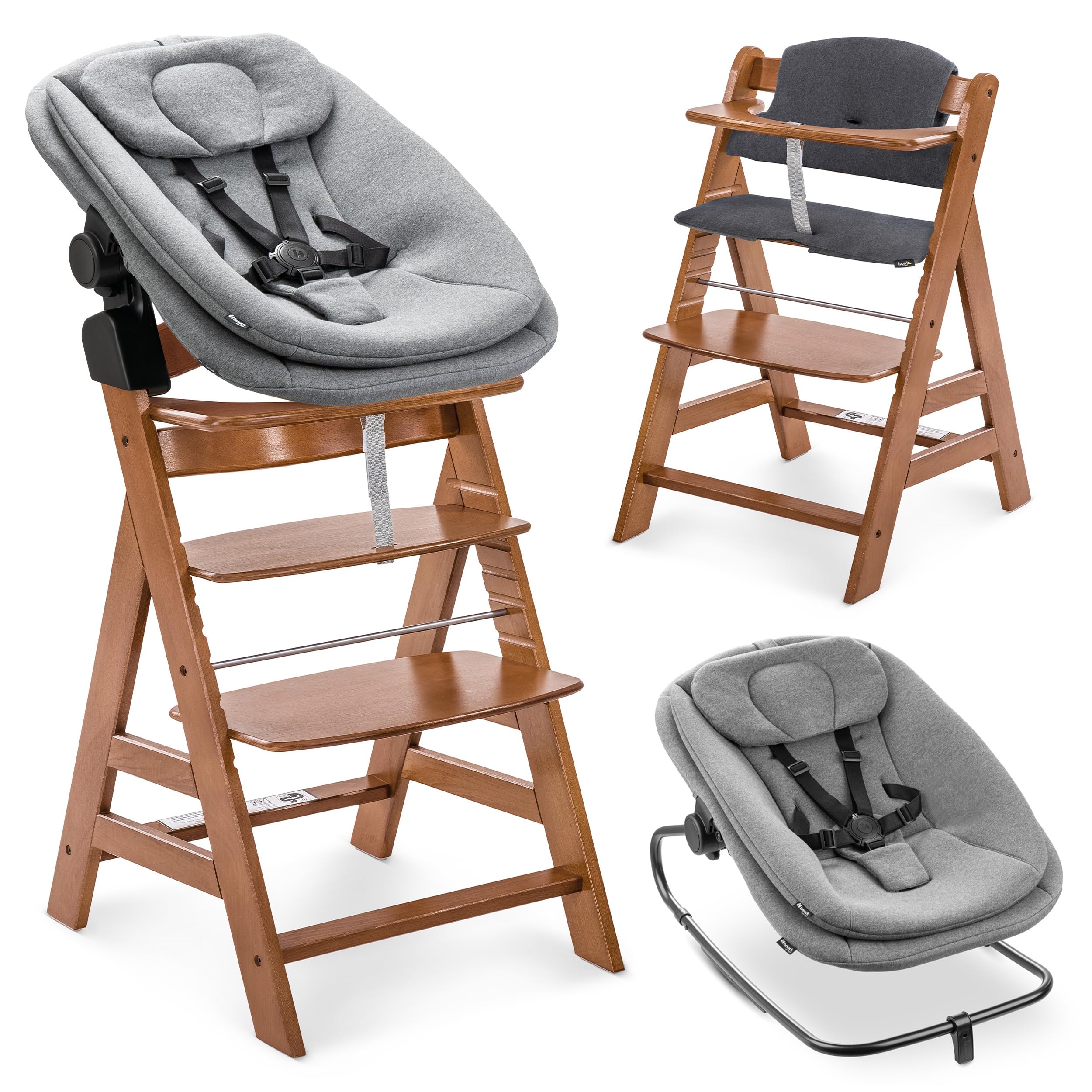 hauck Chaise Haute Bébé Alpha+ avec Siège Highchair Bouncer – Walnut | Chaise haute évolutive en bois, de la naissance à 90 kg, inclus assise bébé ergonomique 3 en 1 et coussin