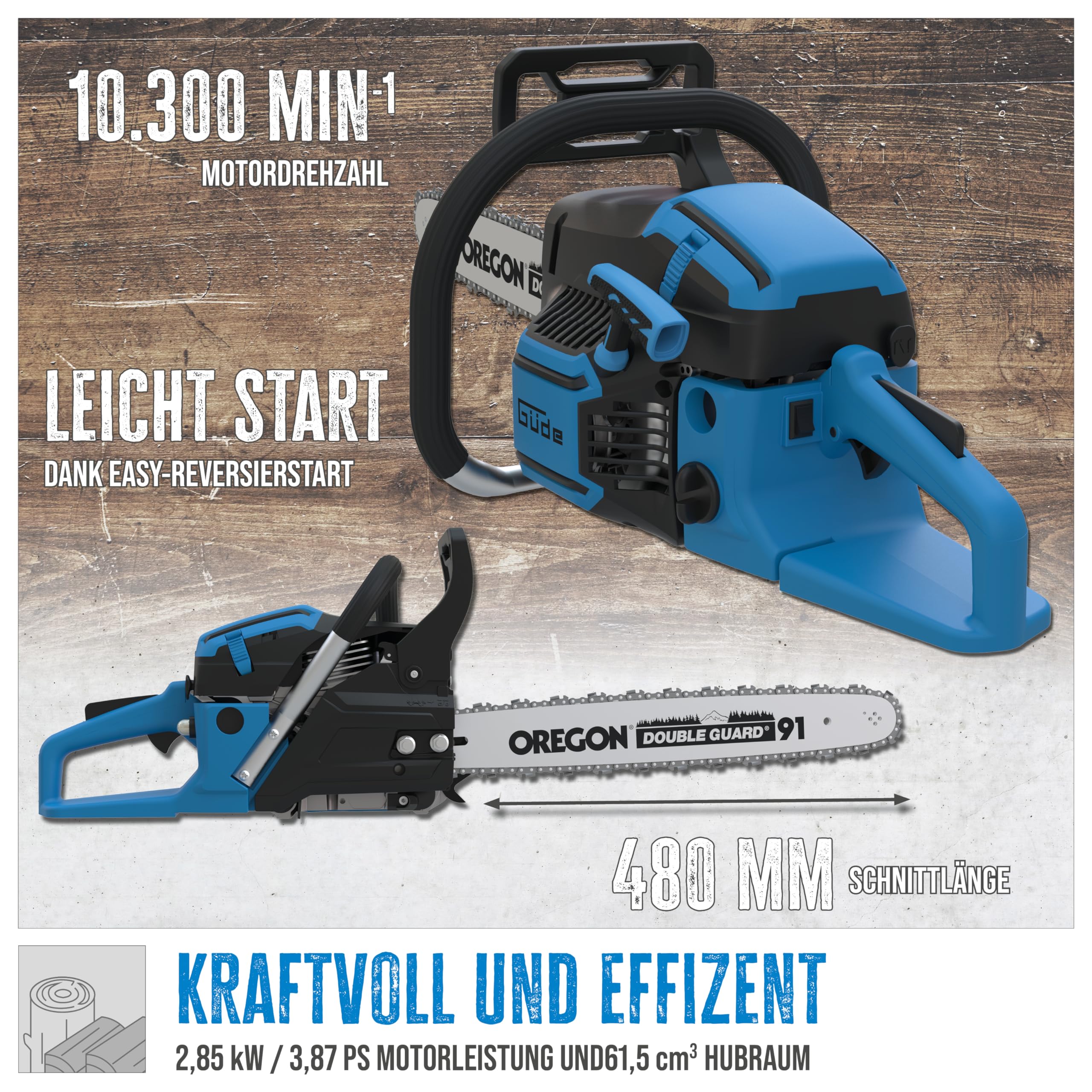 Güde Benzin-Kettensäge KS 500-62 (62 cm³ Hubraum, 48 cm Schnittlänge, 2,85 kW / 3,9 PS Motorleistung, GS-geprüft, 22 m/s max. Kettengeschwindigkeit, Leichtstartsystem, inkl. Oregon Schwert & Kette)