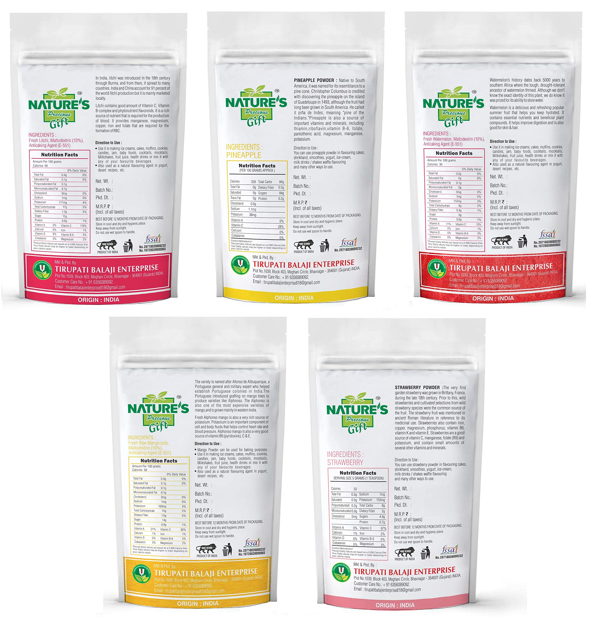 NATURE'S GIFT - FOR THOSE WHO CARE'S Litchi, Pineapple, Watermelon, Mango & Strawberry Fruit Powder - 100 GM Each (Super Saver Combo Pack)