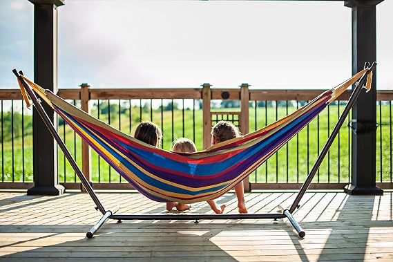 Vivere UHSDO8-20 Double Cotton Hammock with Space-Saving Steel Stand Including Carrying Bag, Tropical