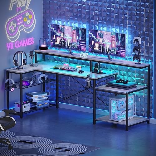 Bestier Escritorio para computadora de 71.5 pulgadas con tomas de corriente, escritorio LED de oficina en casa con soporte largo para monitor,