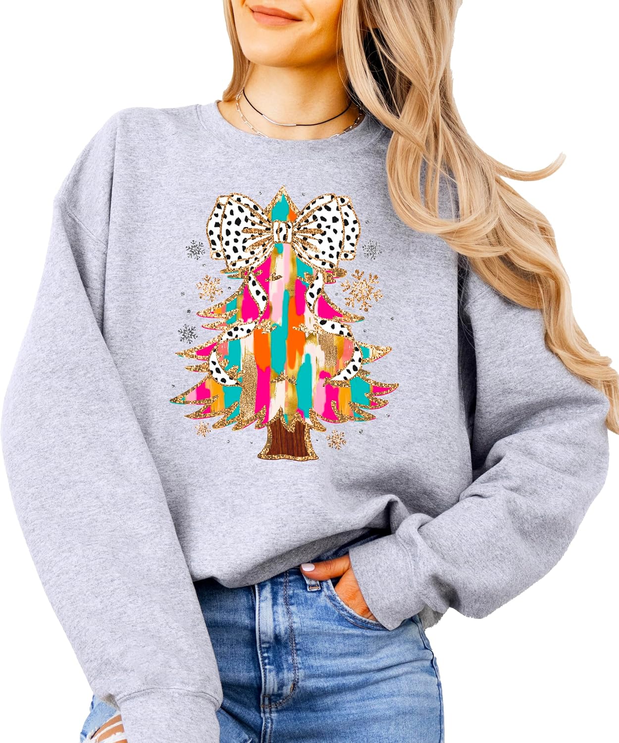Olive Loves Apple Colorful Christmas Tree with Dalmatian Print Bow Topper Sweatshirt for Women Teens and Girls