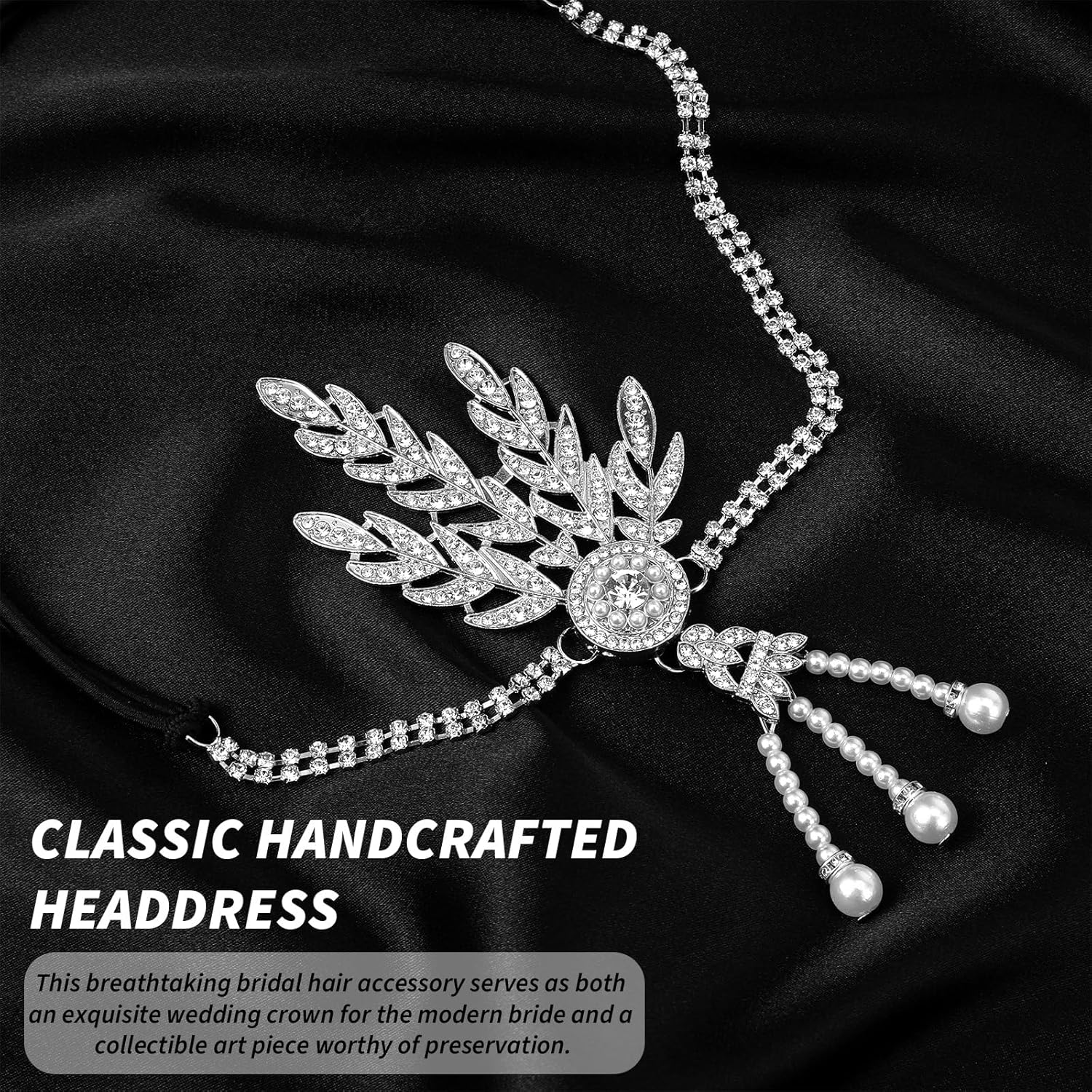 Flapper Headband,1920s Headband with Leaf Rhinestones Headpiece Pearl Tassel Head Bands Roaring 1920s Headpiece for Women(Silver) - Image 4