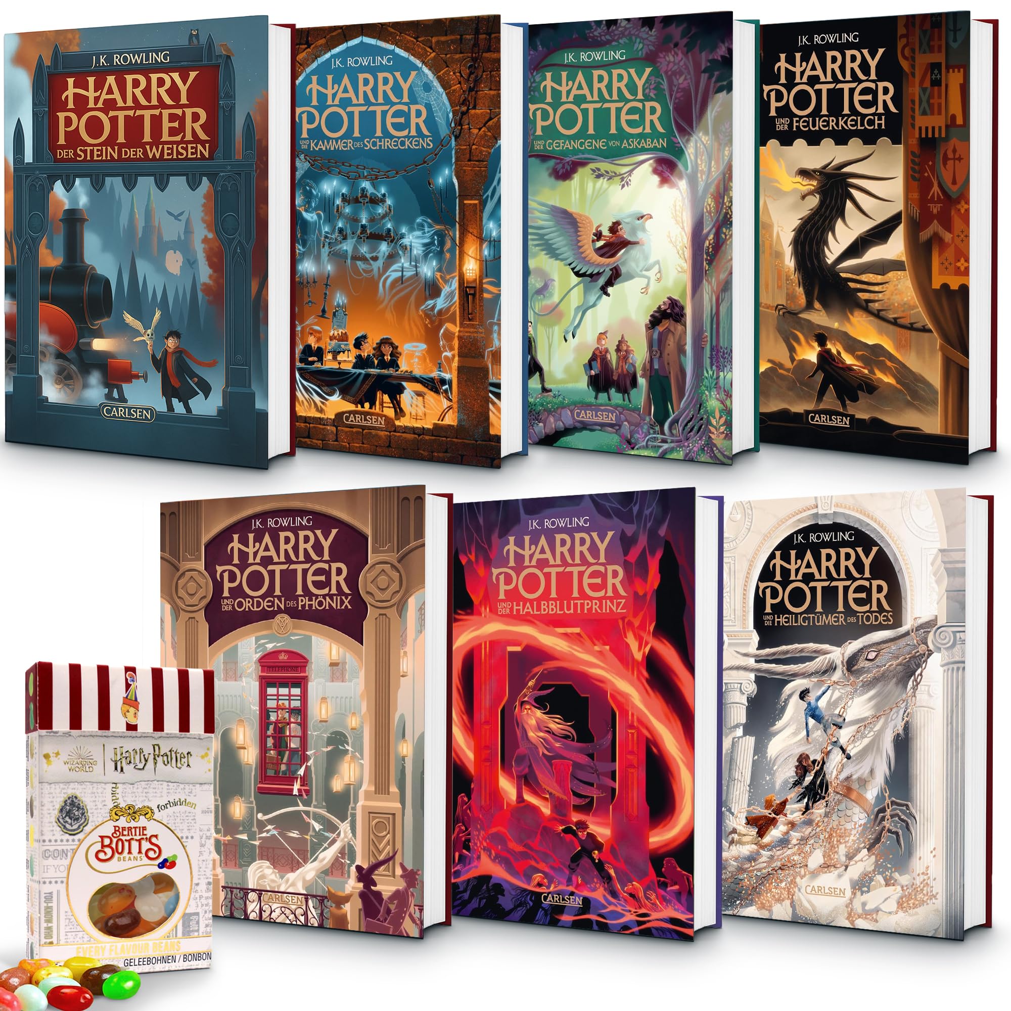 J.K. Rowling Bücher Bundle Harry Potter Band 1–7 – prachtvolle Neuauflage 2025 mit extra Jelly Belly Bertie Botts Bohnen (35 g) – detailreich illustriert für Kinder, Jugendliche und Erwachsene