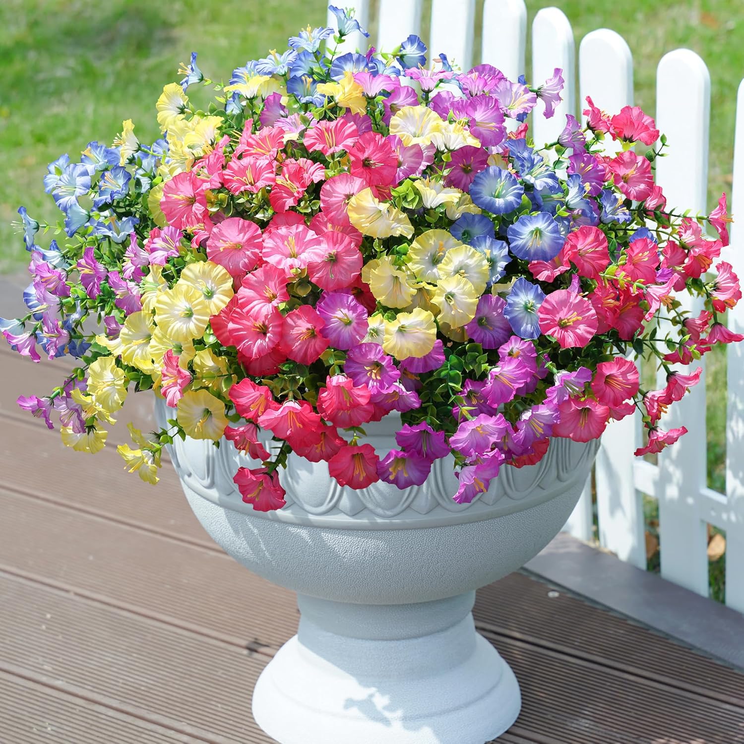 Artificial Flowers Fake Plants for Outdoors Decoration, 12 Bundles Silk Morning Glory with Eucalyptus Realistic UV Resistant Faux Flowers for Outside Planter Porch Yard Patio Garden Home Indoor, Mix