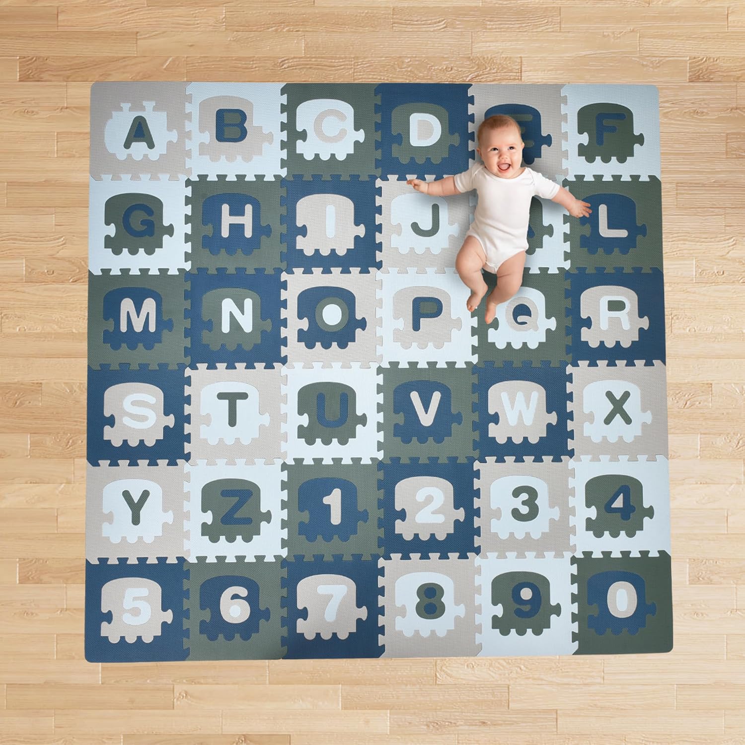 CHILDLIKE BEHAVIOR Baby Play Mat - 72x72-Inch Soft Foam Interlocking Tiles with ABC and Numbers - Educational Activity Mat for Crawling Infants and Toddlers - Waterproof Playmat, Blue, Gray, Turquoise
