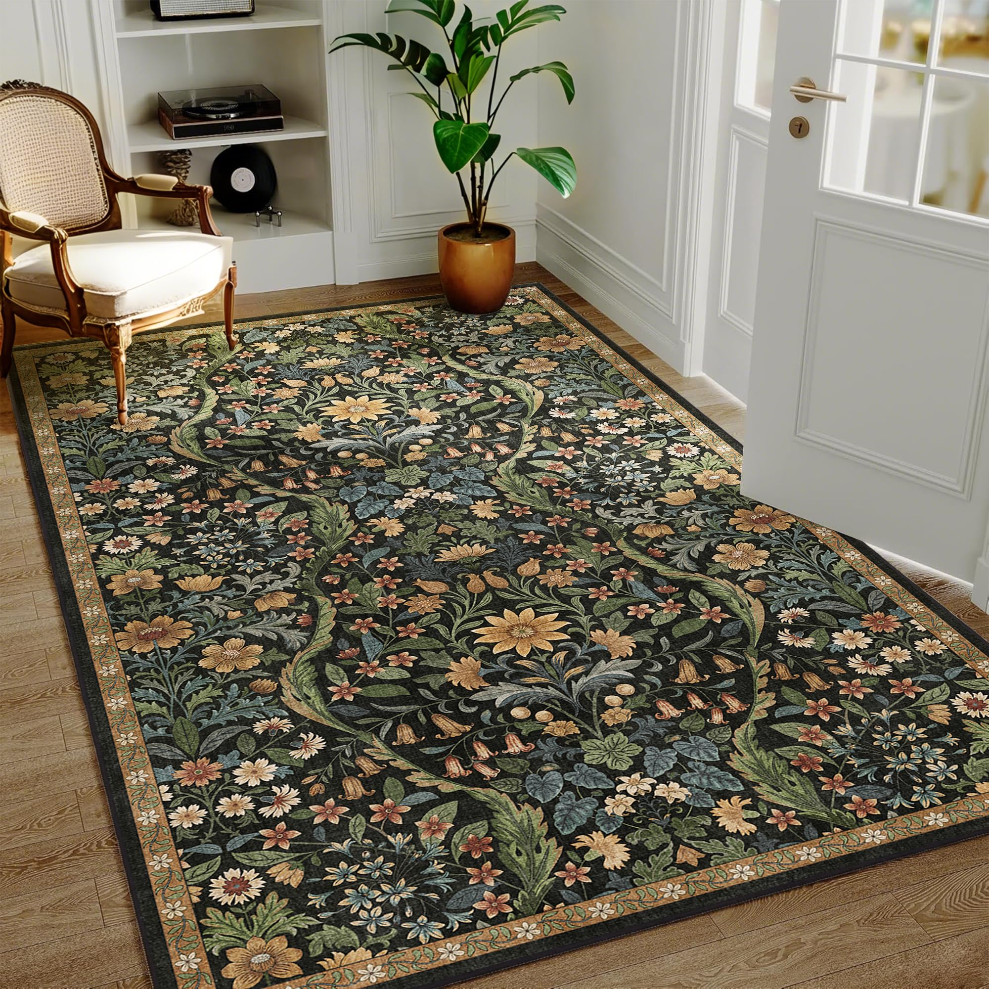 3x5 Floral Area Rug Soft Low Pile Boho Carpet for Living Room