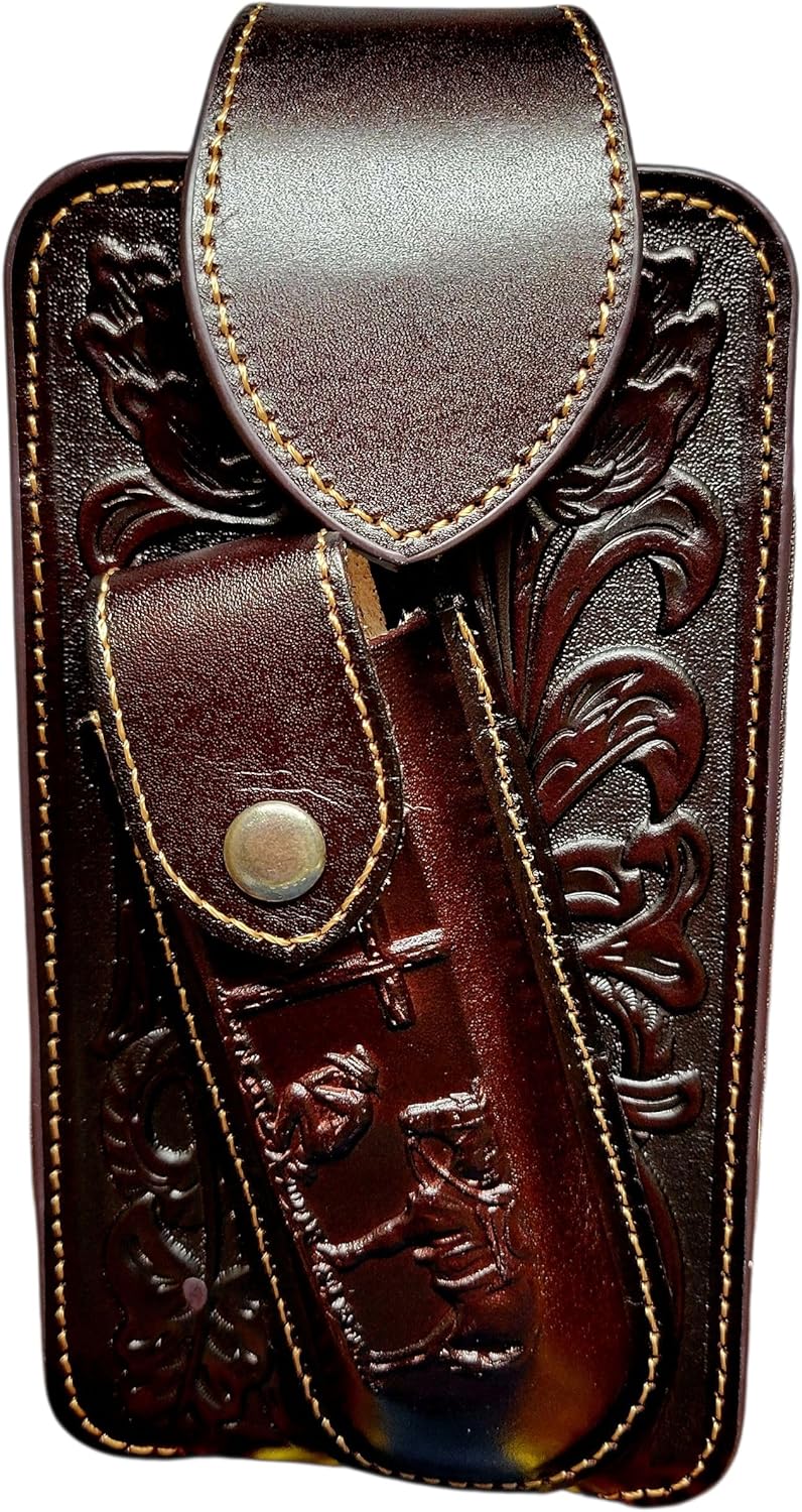 Western Leather Phone Belt Holster and Knife Holder Floral Leather Embossed Cowboy Praying at Cross with Belt Clip high end Handmade Cell Phone case Tooled case Universal Size 7" h x 4" w (Brown)