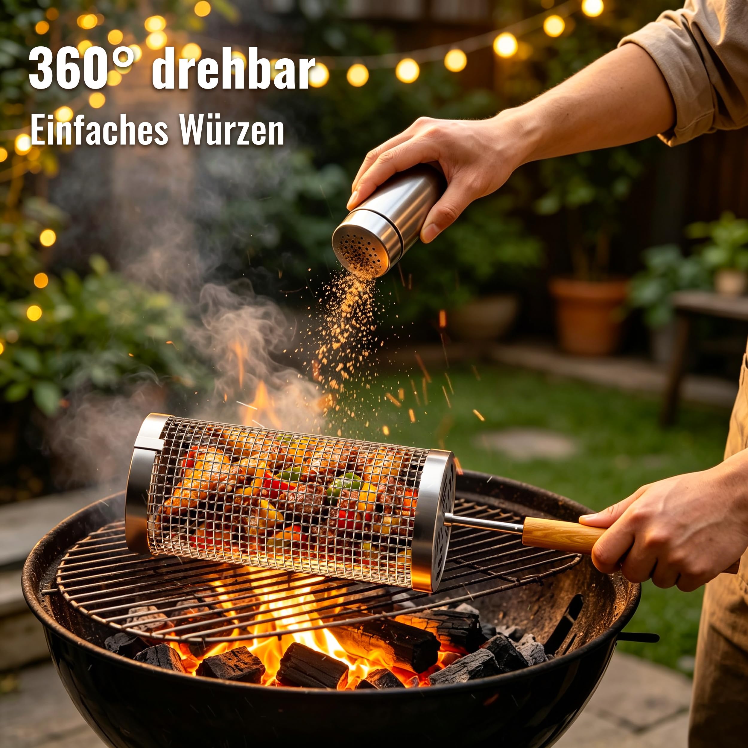 Rollender Grillkorb Edelstahl 304, Abnehmbarer Holzgriff, 2er Set Nestbar, Grill Zubehör für Gemüse und Meeresfrüchte, Gasgrill und Holzkohlegrill, Grill Geschenke für Männer Papa