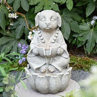 Glitzhome Water Fountain Outdoor, Outdoor Fountain with Lights&Pump, 22" H 2-Tiered Concrete Dog Statue Zen-Style Water Fountain Polyresin Water Feature for Home Patio Garden Backyard Decor