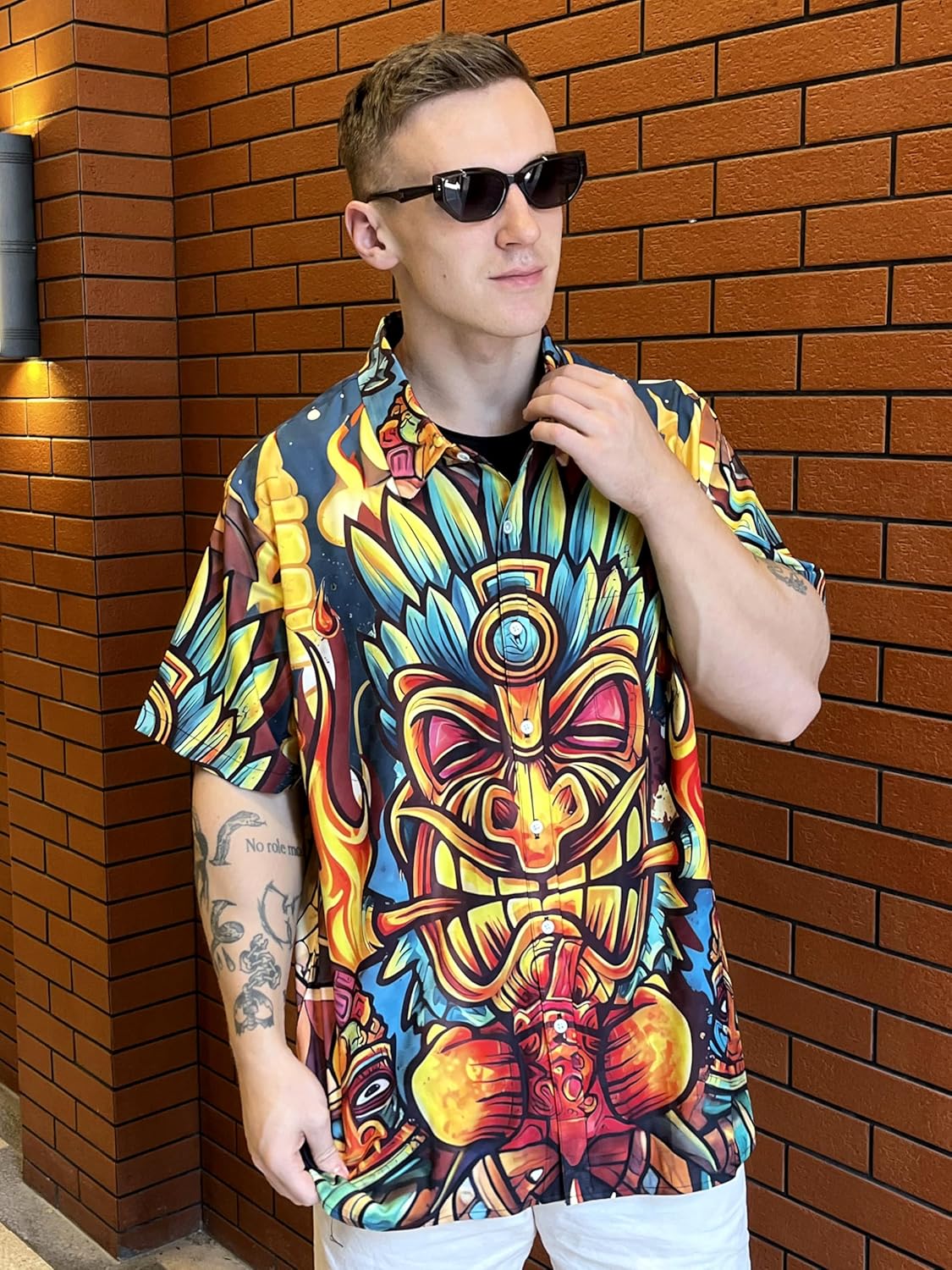 Men's Hawaiian Floral Print Button-Down Shirt, Tropical Floral Short Sleeve,Beach Party Shirt - Image 3