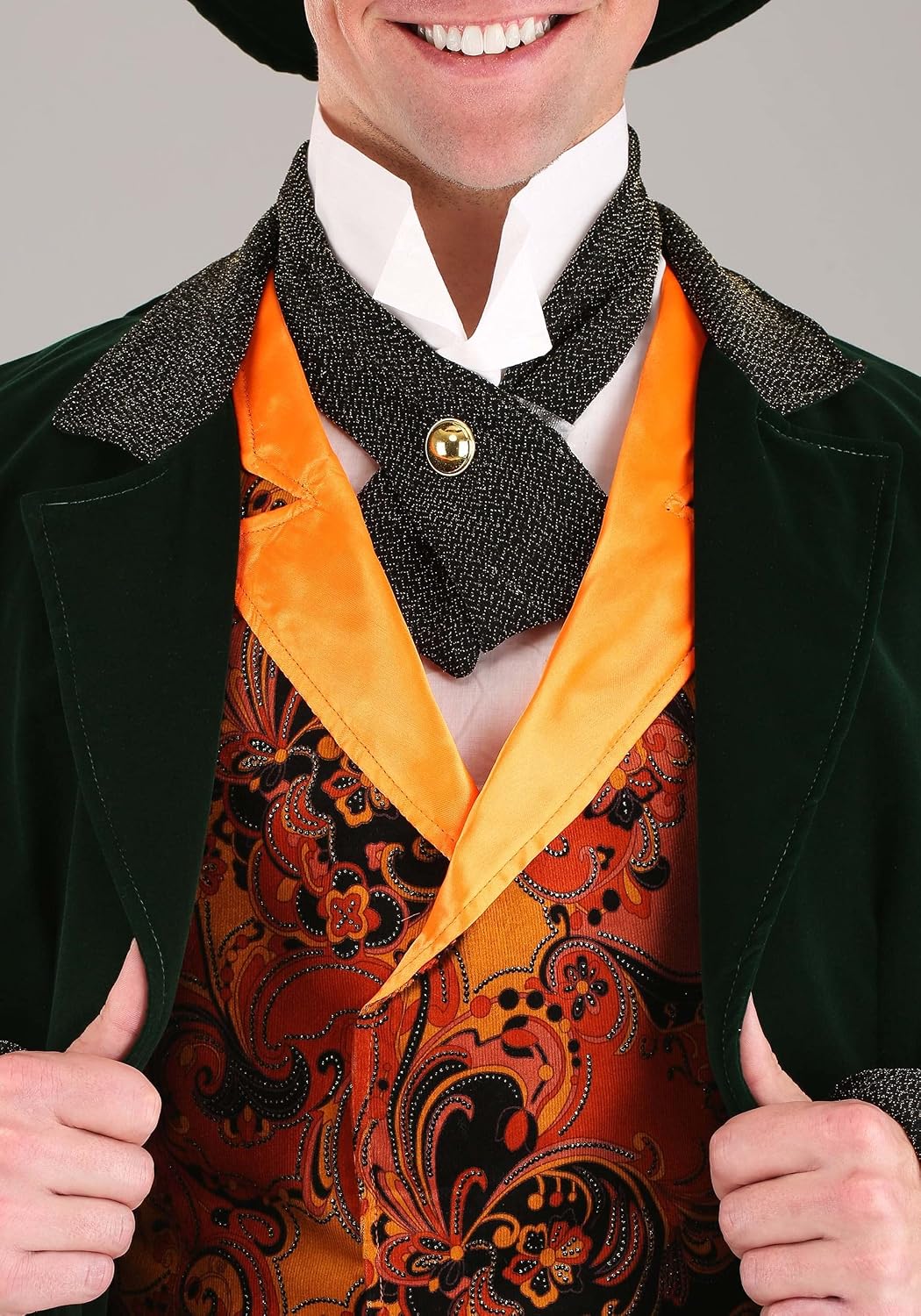 Alice in Wonderland Men's Mad Hatter Costume with Green Velvet Jacket, Pants, Orange Vest, Ascot & Top Hat