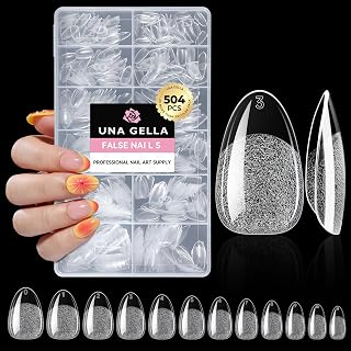 UNA GELLA Short Oval Almond Fake Nails 504pcs Press on Nails Pre-shape Short Almond Round Gel Nail Tips for Full Cover Acrylic False Nails For Nail Extension Home DIY Salon 12 Sizes False Gelly Tips