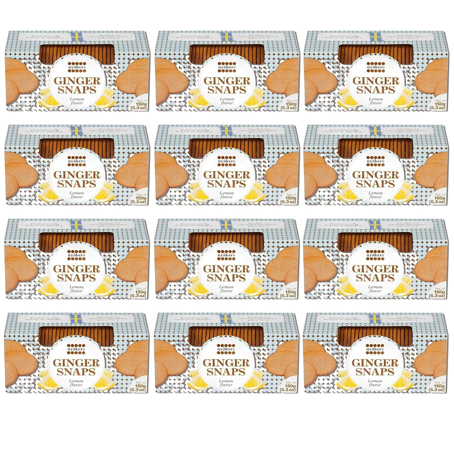 Nyakers Swedish Pepparkakor Lemon Ginger Snaps Cookies - Old Fashioned Thin Ginger Cookies Made with Real Ginger - Authentic Lemon Ginger Biscuits Palm Free - 5.3oz Vegan Cookies Box (Pack of 12)