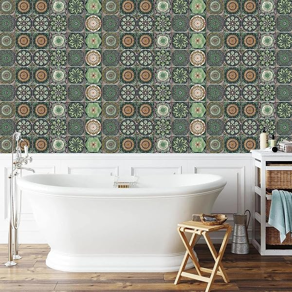 LIUZHUJ 24 Pièces Stickers Carrelage, Style-Marocain Carrelage Adhesif Mural, Vert Stickers Carreaux Autocollant, Imperméable Autocollant Carrelage, 10 Styles, pour Salle de Bain, Cuisine, Balcon - 4