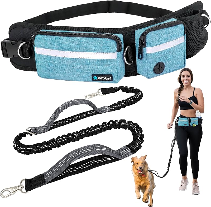 Guia Mãos Livres para Cães PetAmi com Cinto de Corrida e Bolsa, Teal