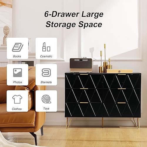 Miniatura 8 de Cómoda de 6 cajones cómoda negra para dormitorio cómoda de madera con tablero de diamante y asas de metal dorado para dormitorio sala de estar